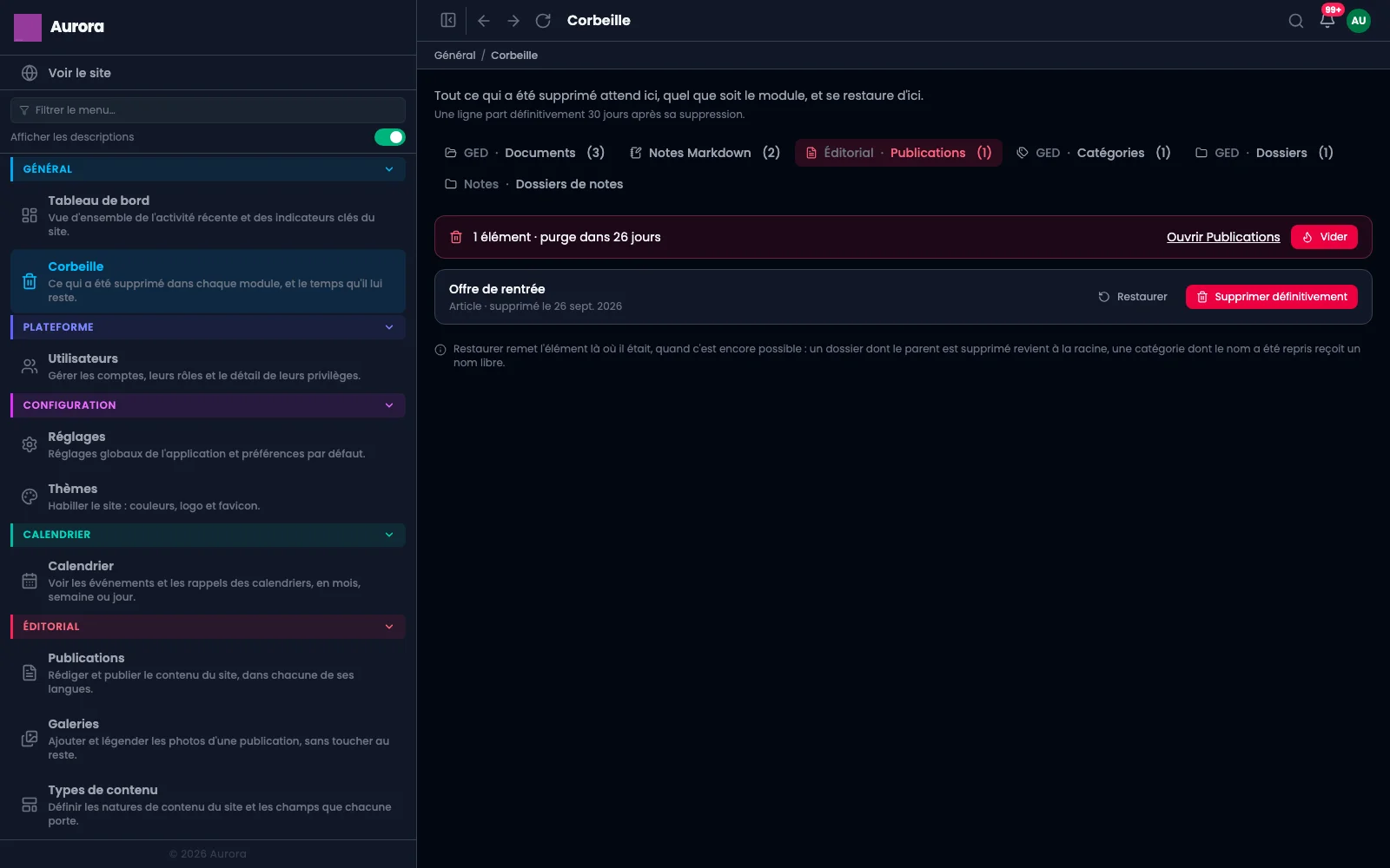 Una publicación en la papelera, con el enlace a la lista de publicaciones y los días que le quedan.