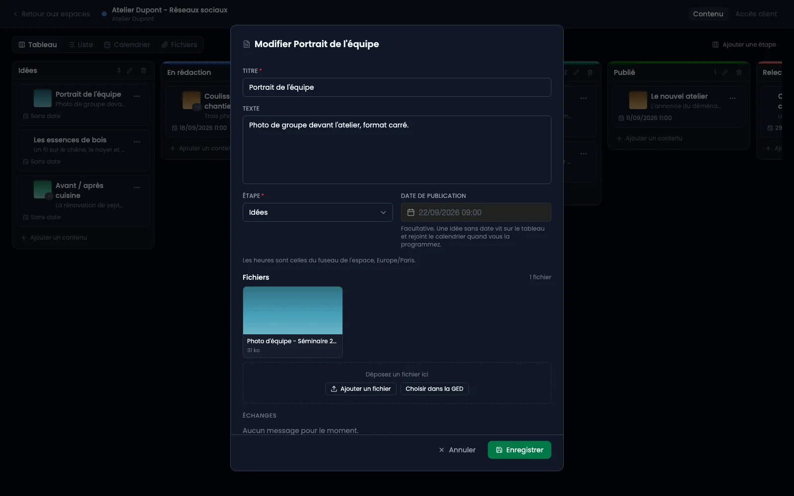 Una ficha de contenido, con su texto, sus archivos y su hilo.