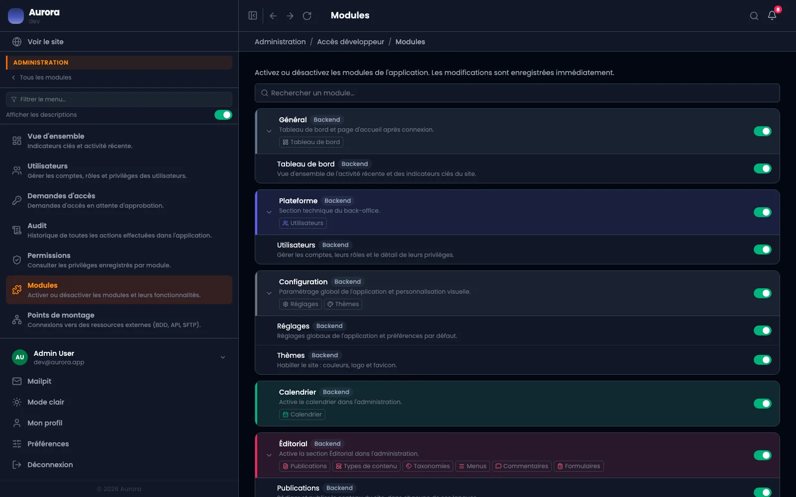 Activer et désactiver les modules
