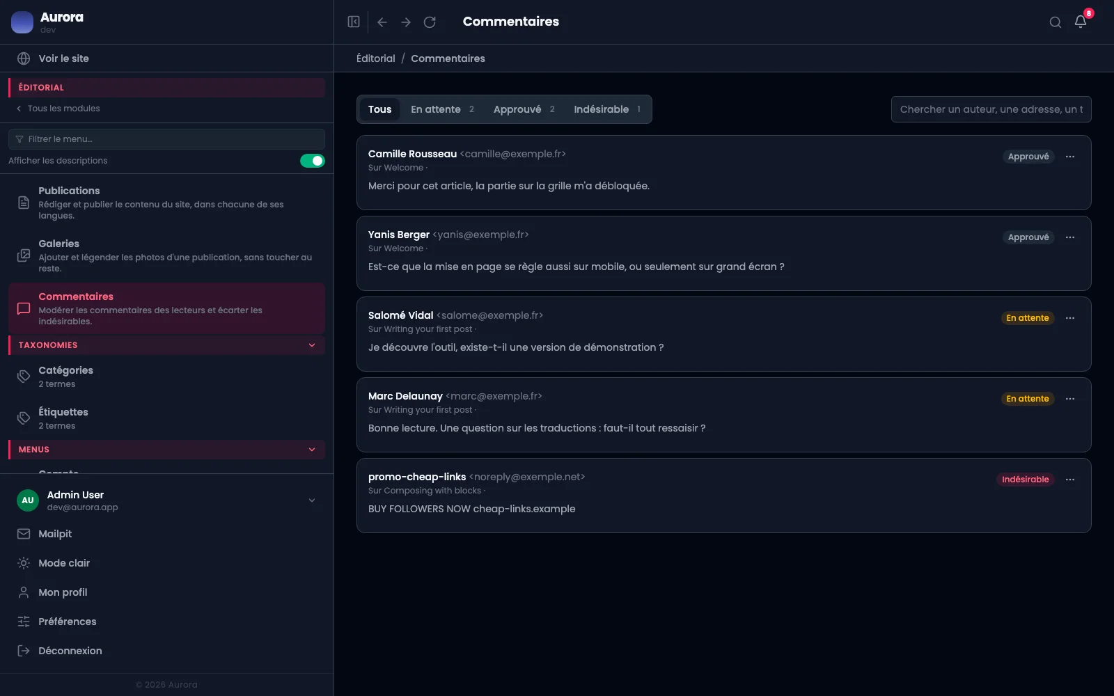 Les commentaires reçus, classés en attente, approuvés et indésirables.