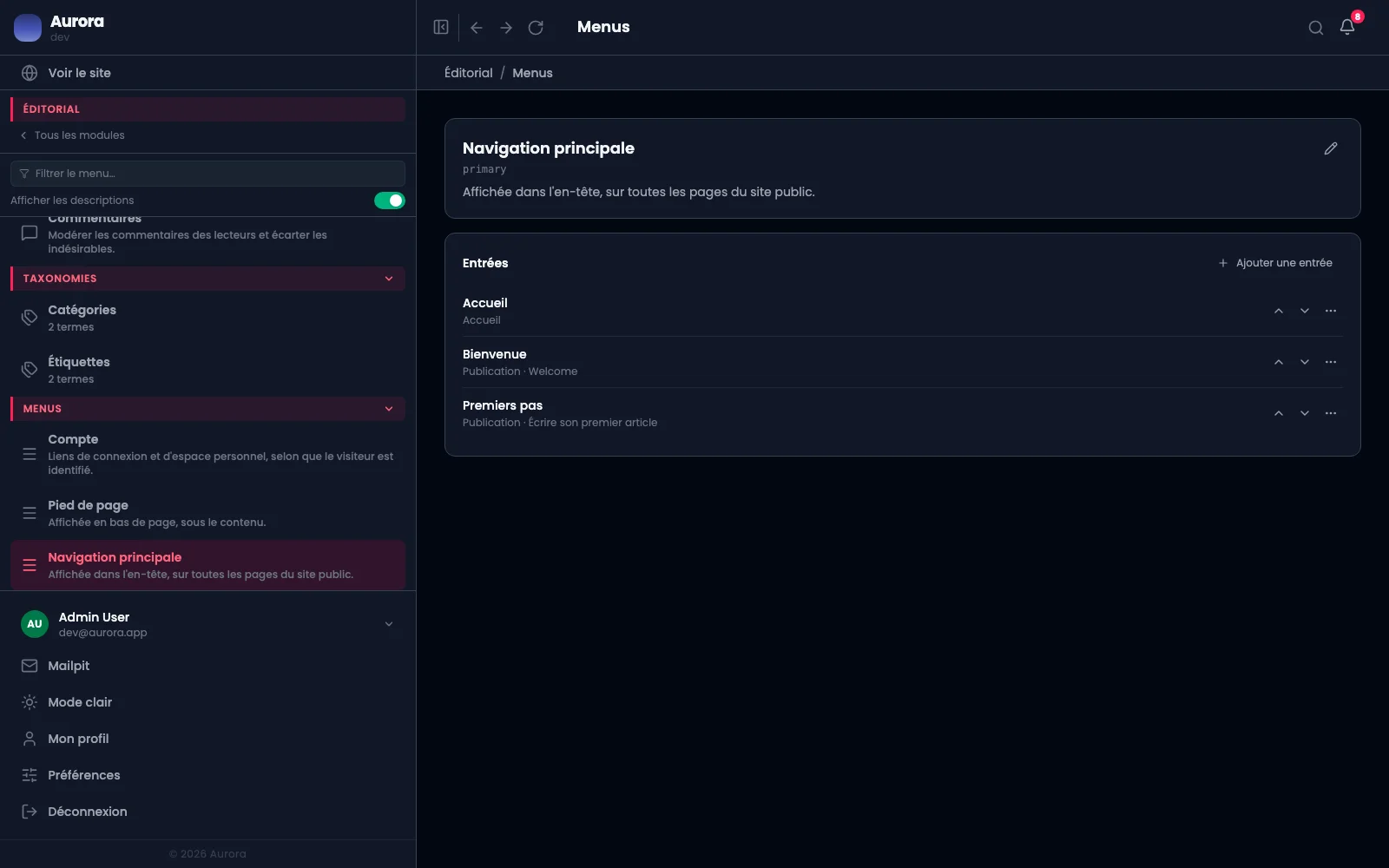 Un menu du site : ses entrées, leur ordre et ce vers quoi elles pointent.