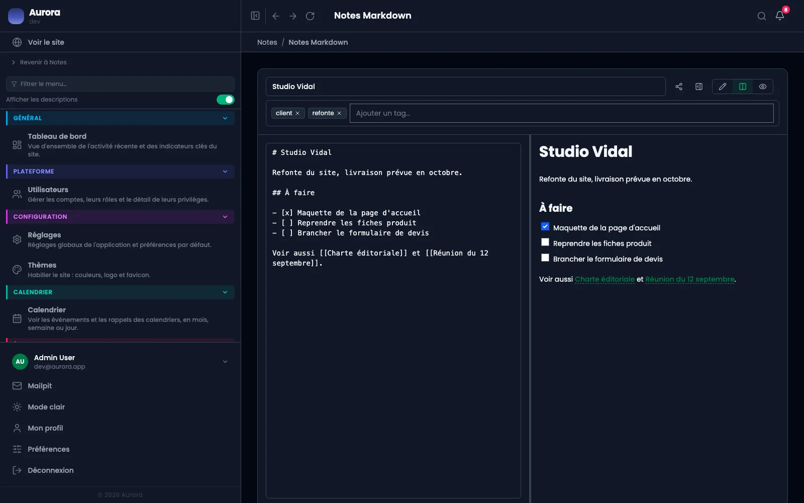 Une note en Markdown, son rendu à côté, ses étiquettes et ses liens vers les autres notes.