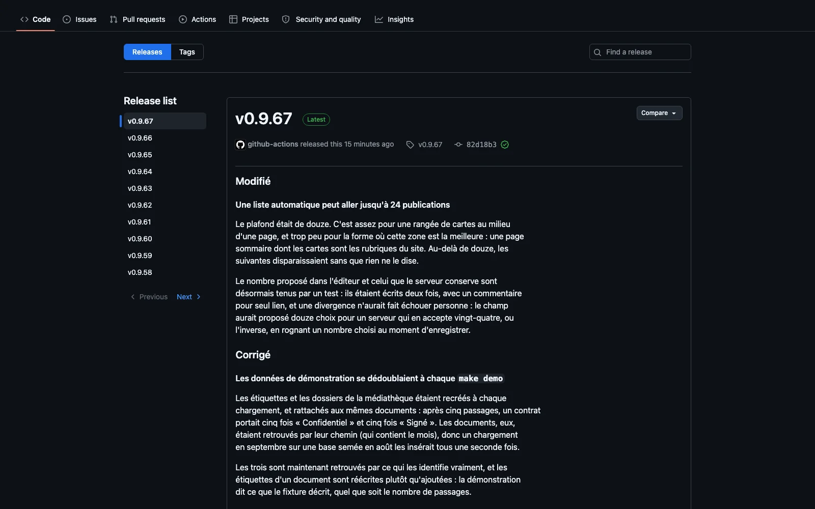Les versions successives d'aurora-core, chacune avec ses notes en français.
