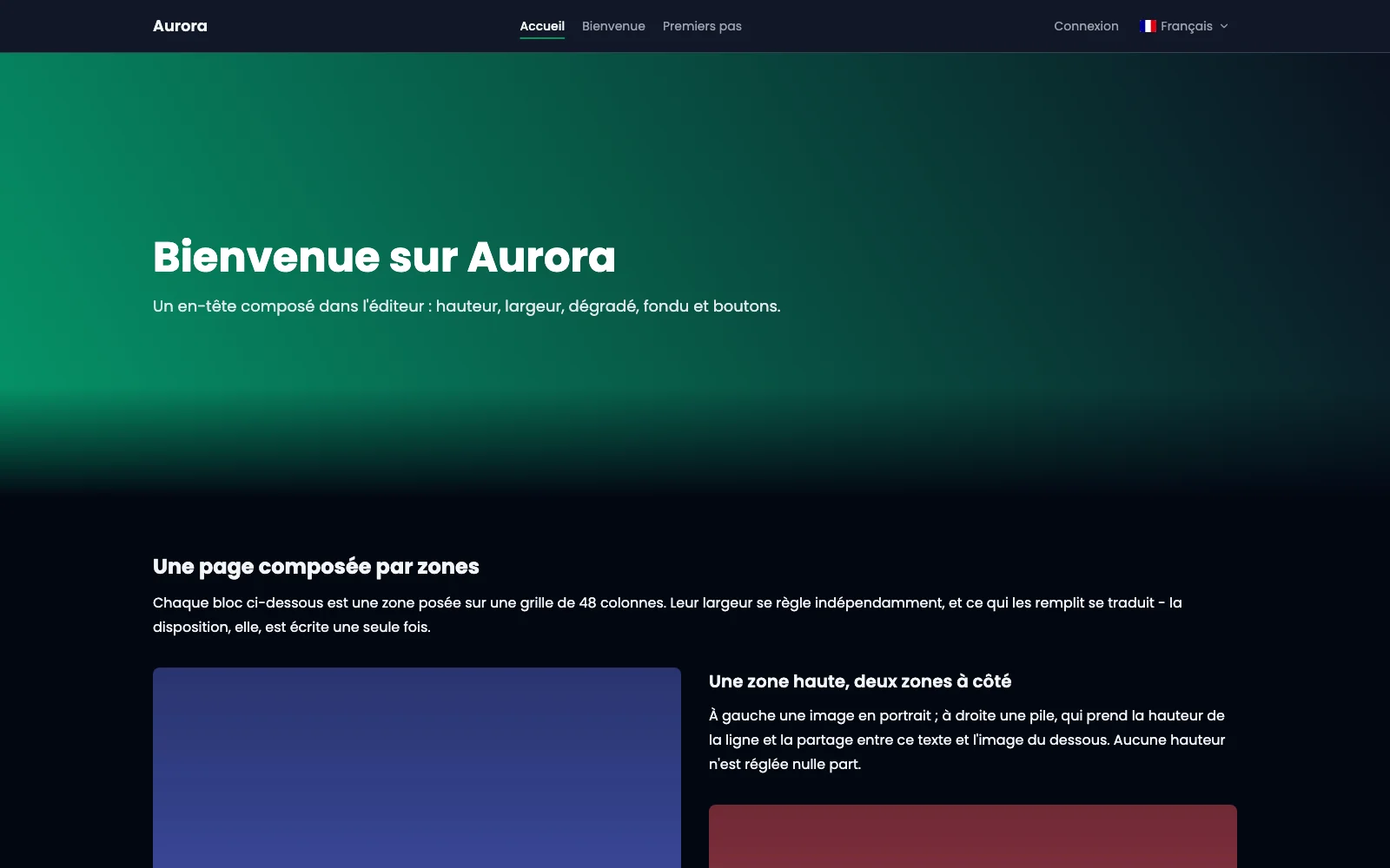 Le site public rendu : bandeau pleine largeur, fondu vers le bas, puis le contenu en zones.