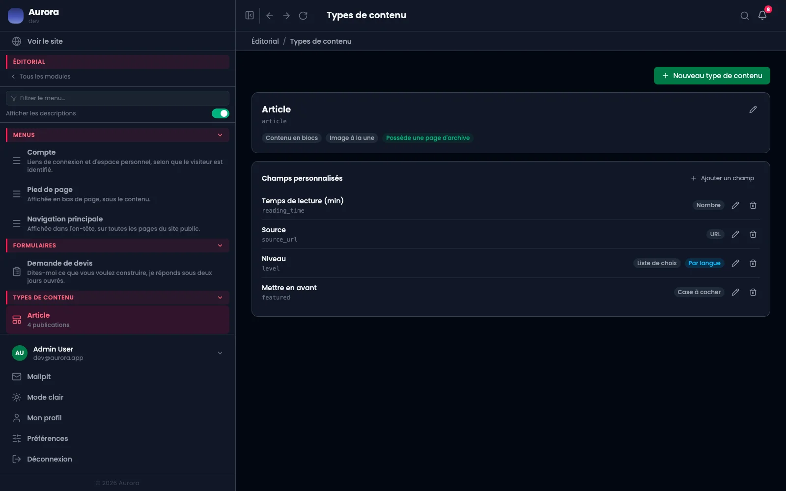 Un type de contenu et ses champs personnalisés : nombre, URL, liste de choix, case à cocher.