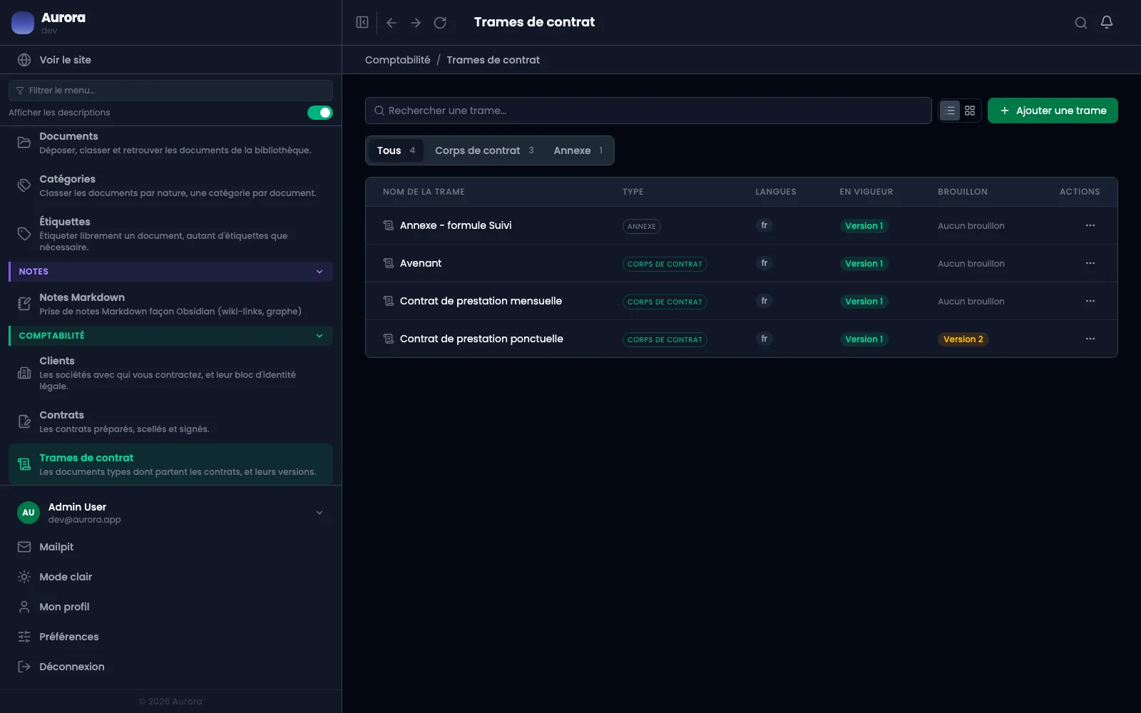 La liste des trames, avec versions en vigueur et brouillons