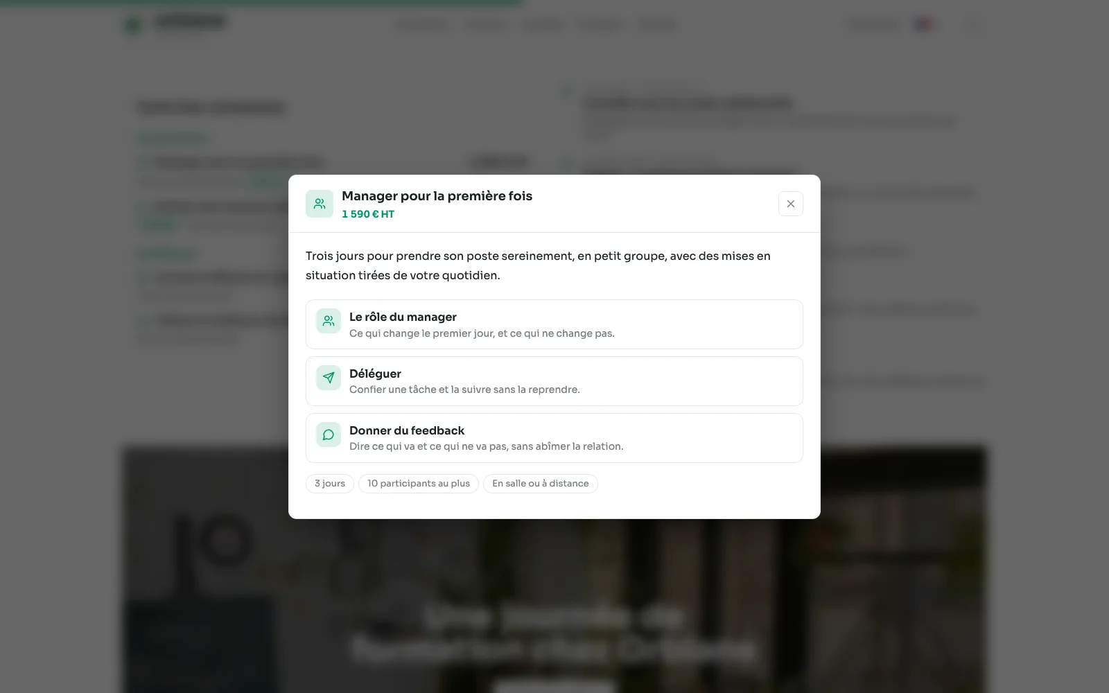 Das geöffnete Fenster von „Manager pour la première fois“: eine Einleitung, die drei Schritte des Programms mit ihrem Symbol und drei Badges.