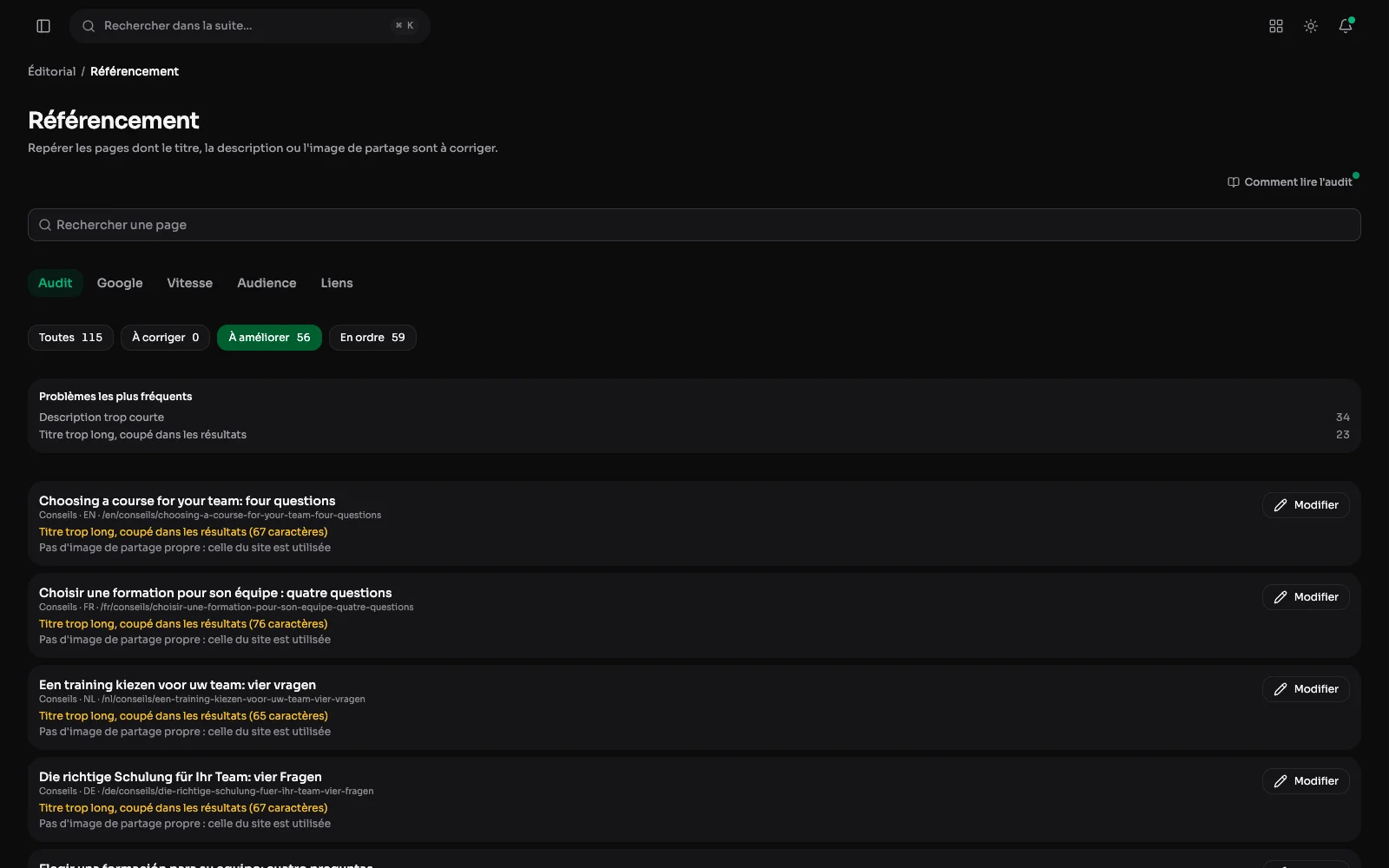 L'écran Référencement d'Aurora : le décompte des pages par état, les problèmes les plus fréquents, puis les pages à améliorer avec leurs défauts.