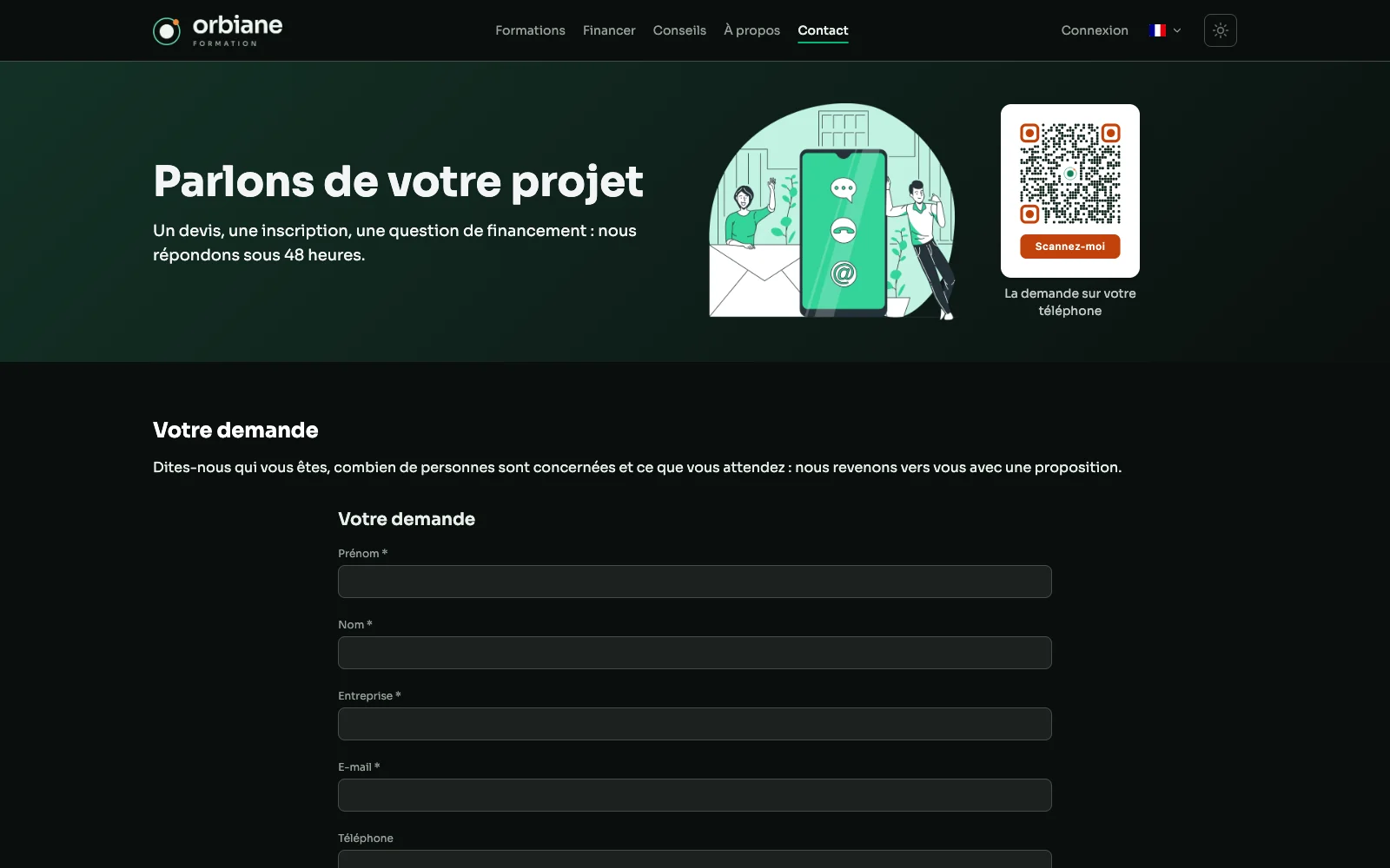 La page de contact du site public : trois champs, nom, e-mail et message, tels que le visiteur les voit.