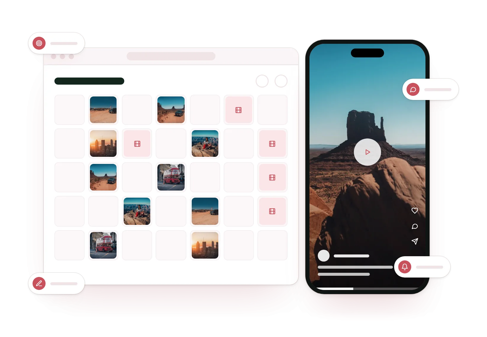 Un calendrier éditorial de septembre et un téléphone qui lit un Reel où une femme parle face caméra, entourés des étiquettes stratégie, rédaction, Reels et modération.
