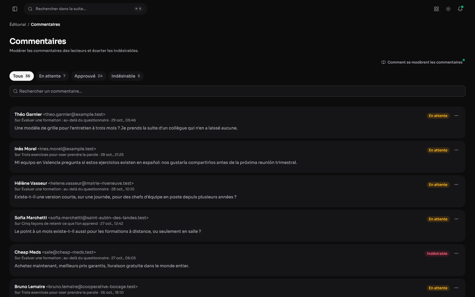 La modération : chaque commentaire est en attente, approuvé ou indésirable, et rien ne paraît sans passer par là.