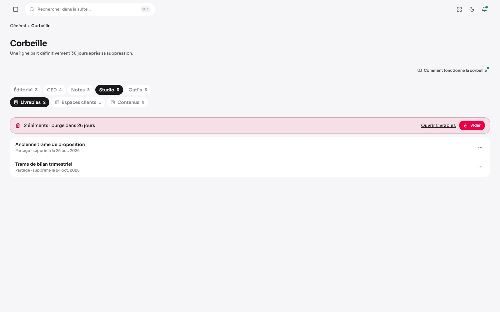 Der Tab „Studio · Lieferobjekte“ des Papierkorbs: ein beiseitegelegtes geteiltes Lieferobjekt mit der Frist bis zur Bereinigung; seine Leselinks antworten nicht mehr, solange es nicht wiederhergestellt ist.