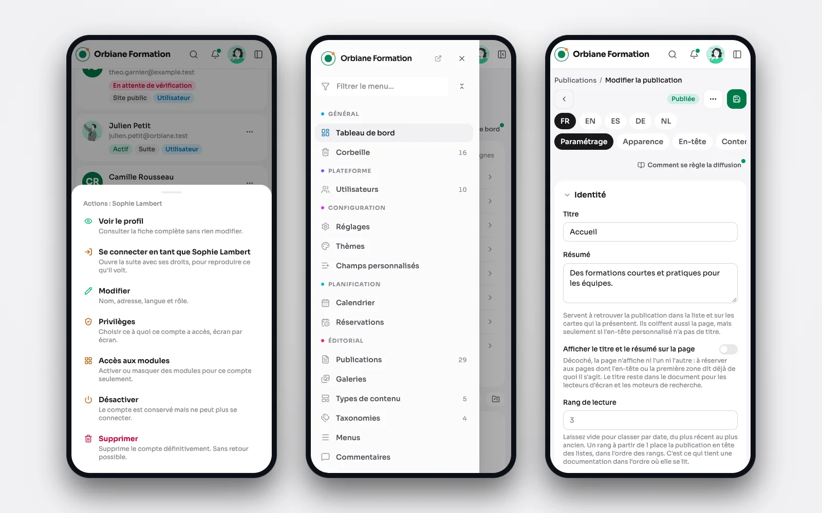 Auf dem Smartphone: die Aktionen eines Kontos als Sheet, das Menü als Schublade und eine Veröffentlichung mit ihrer Seitenleiste.