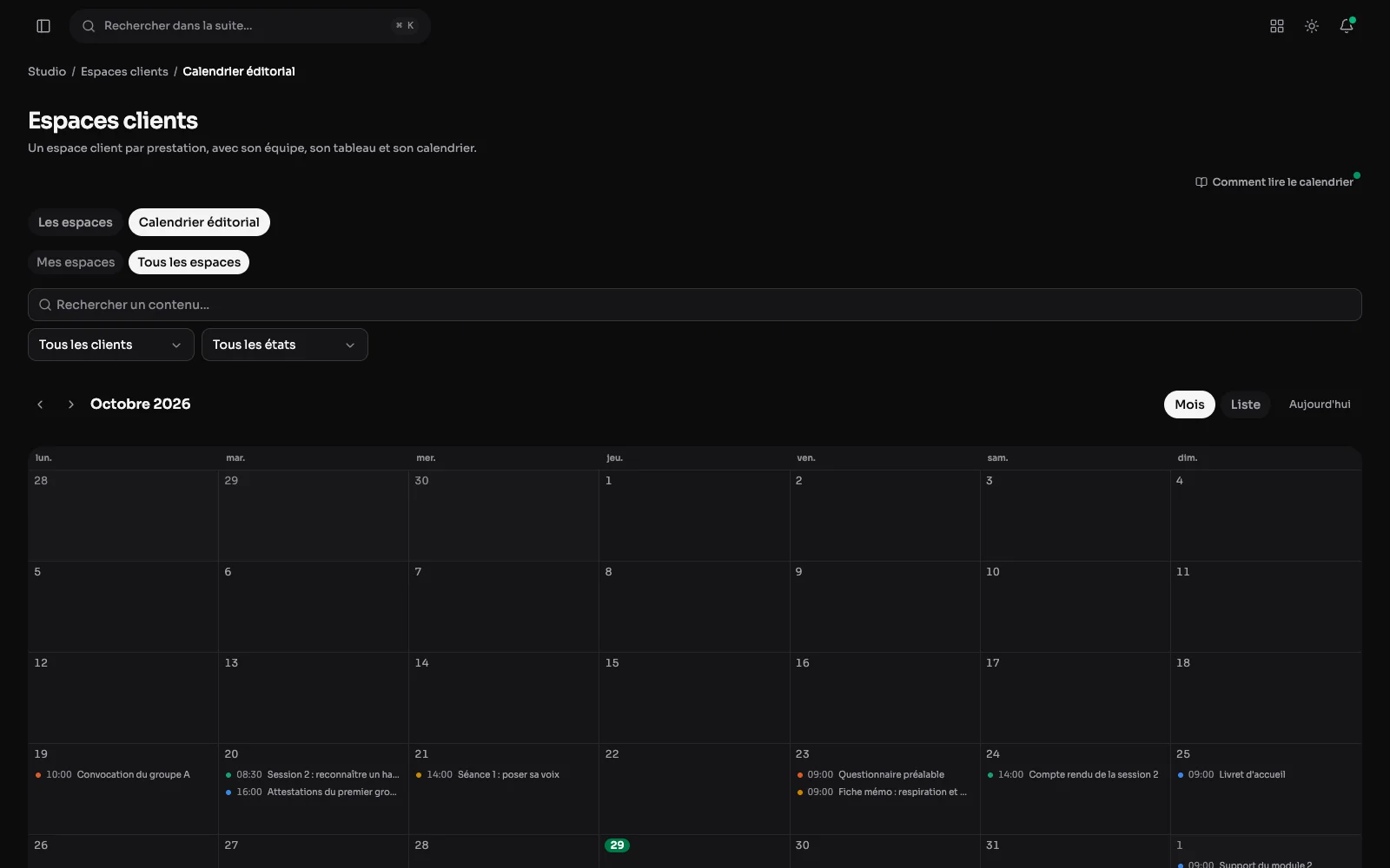 De redactiekalender van Studio: een maand, de items van alle omgevingen, een kleur per omgeving.