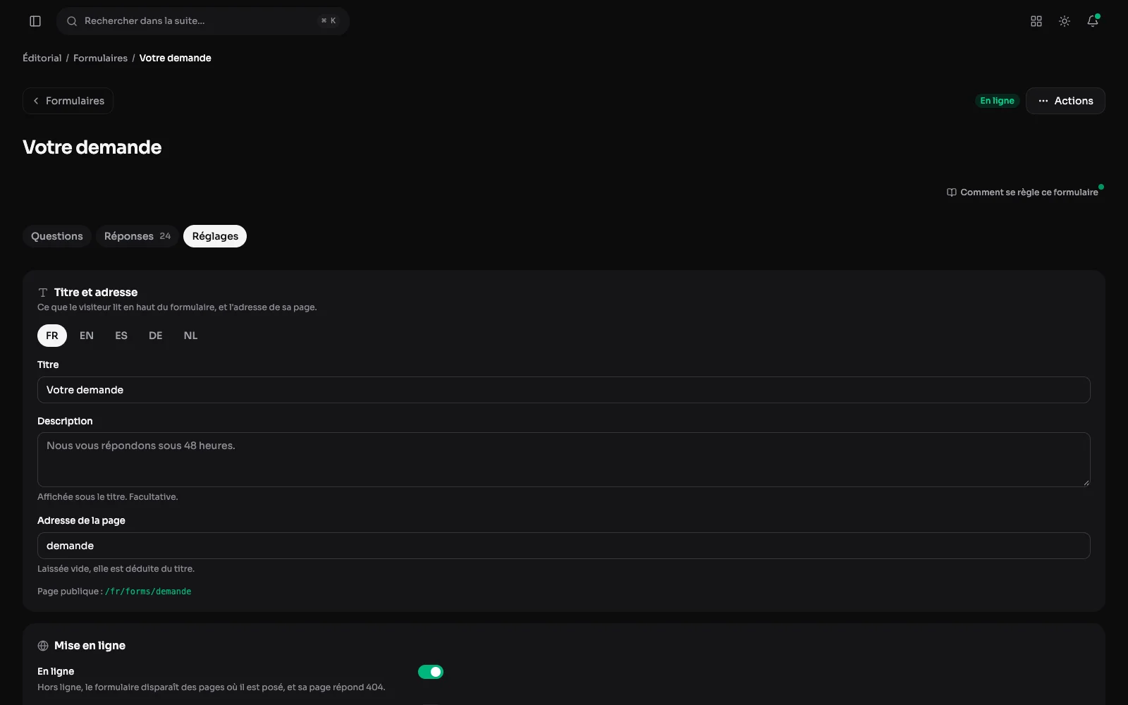 L'onglet Réglages d'un formulaire : titre et adresse par langue, puis la mise en ligne.