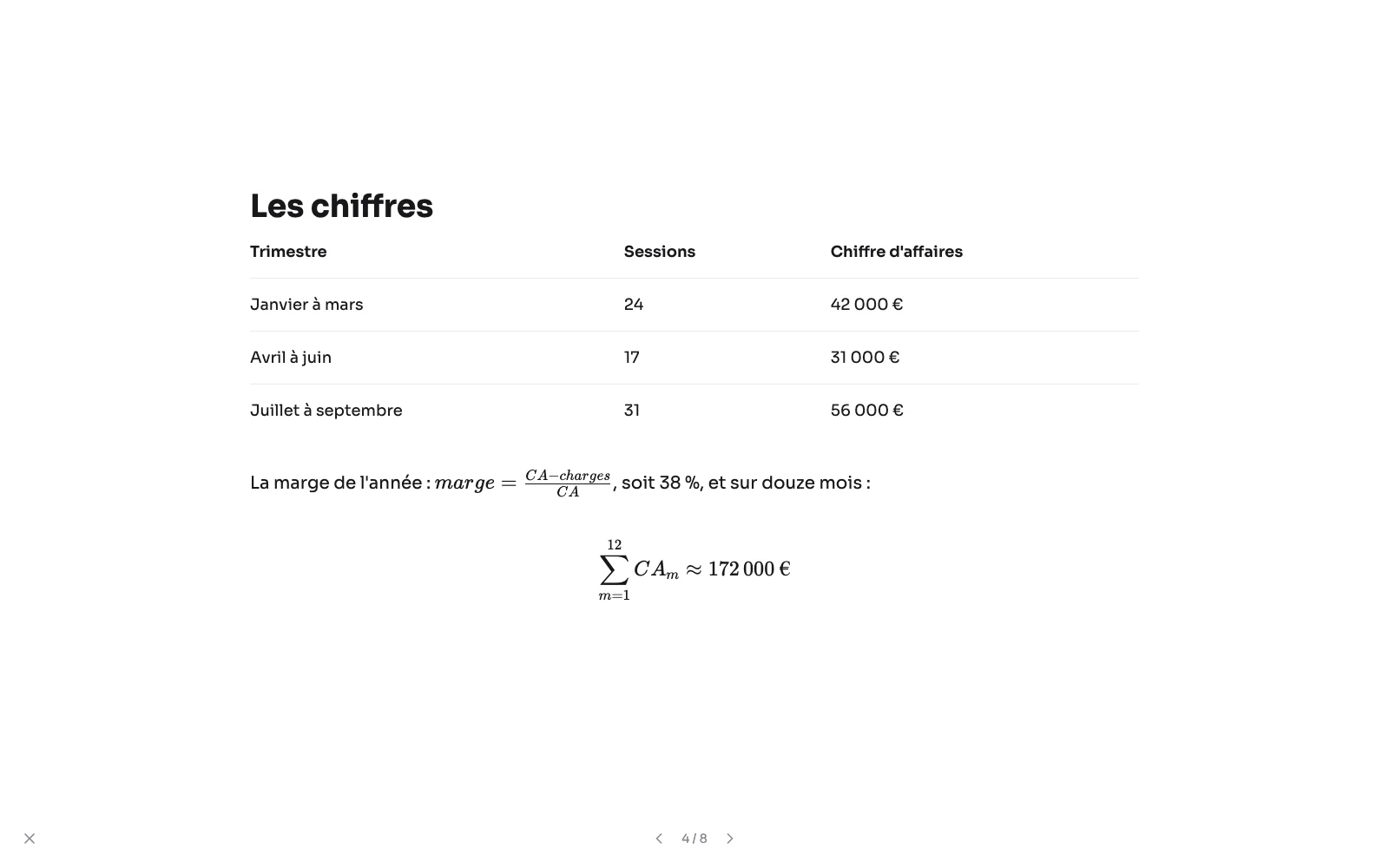 Une diapositive de la présentation de « Bilan de l'année », en plein écran : le tableau des chiffres et la formule de la marge, avec le compteur des diapositives.