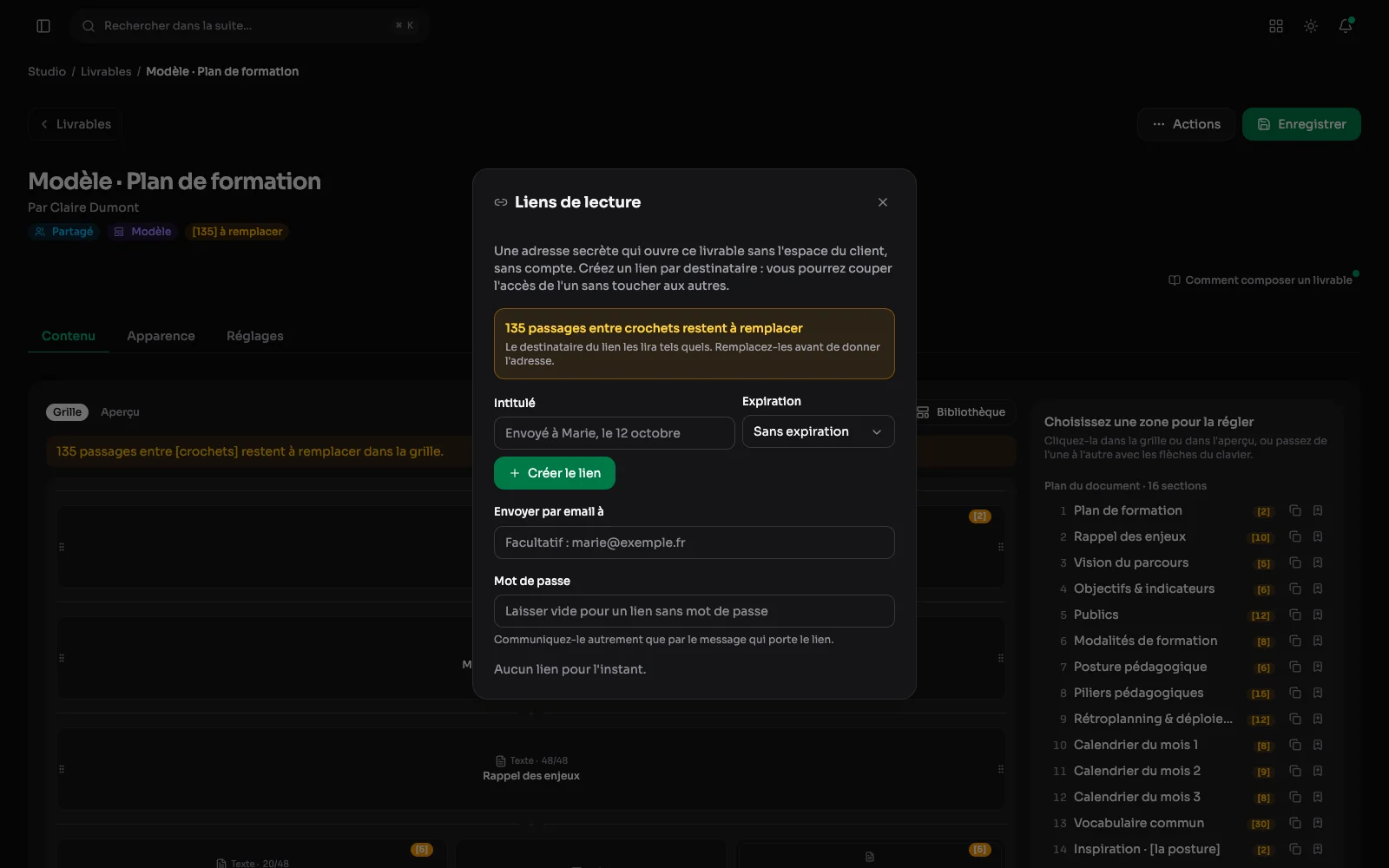 Das Fenster „Leselinks“ eines Lieferobjekts: das Feld „Per E-Mail senden an“ unter dem Formular, dann drei Adressen mit ihrer Senden-Schaltfläche, eine bereits dreimal geöffnet, eine passwortgeschützte, die in einem Monat abläuft, und eine neue, nie geöffnete.