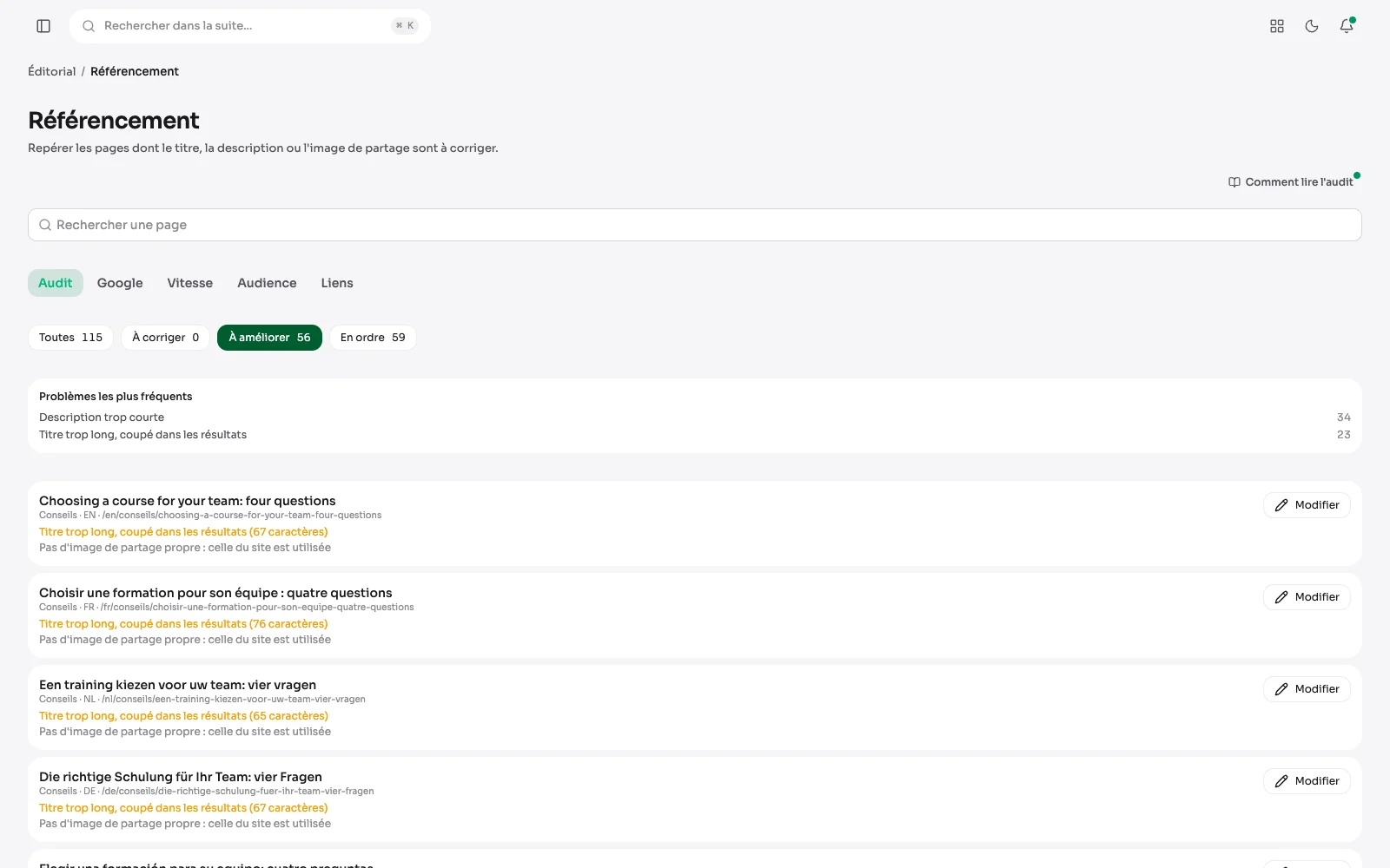 L'écran Référencement d'Aurora : le décompte des pages par état, les problèmes les plus fréquents, puis les pages à améliorer avec leurs défauts.