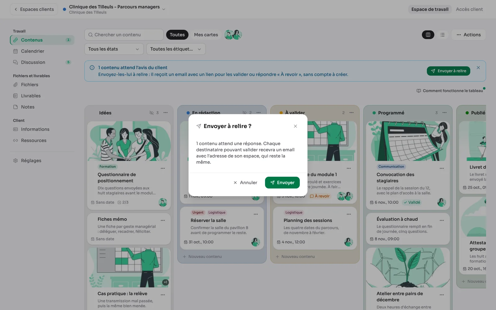 Het venster ‘Ter controle versturen’: elke persoon die kan goedkeuren, ontvangt een e-mail met een nieuw adres.