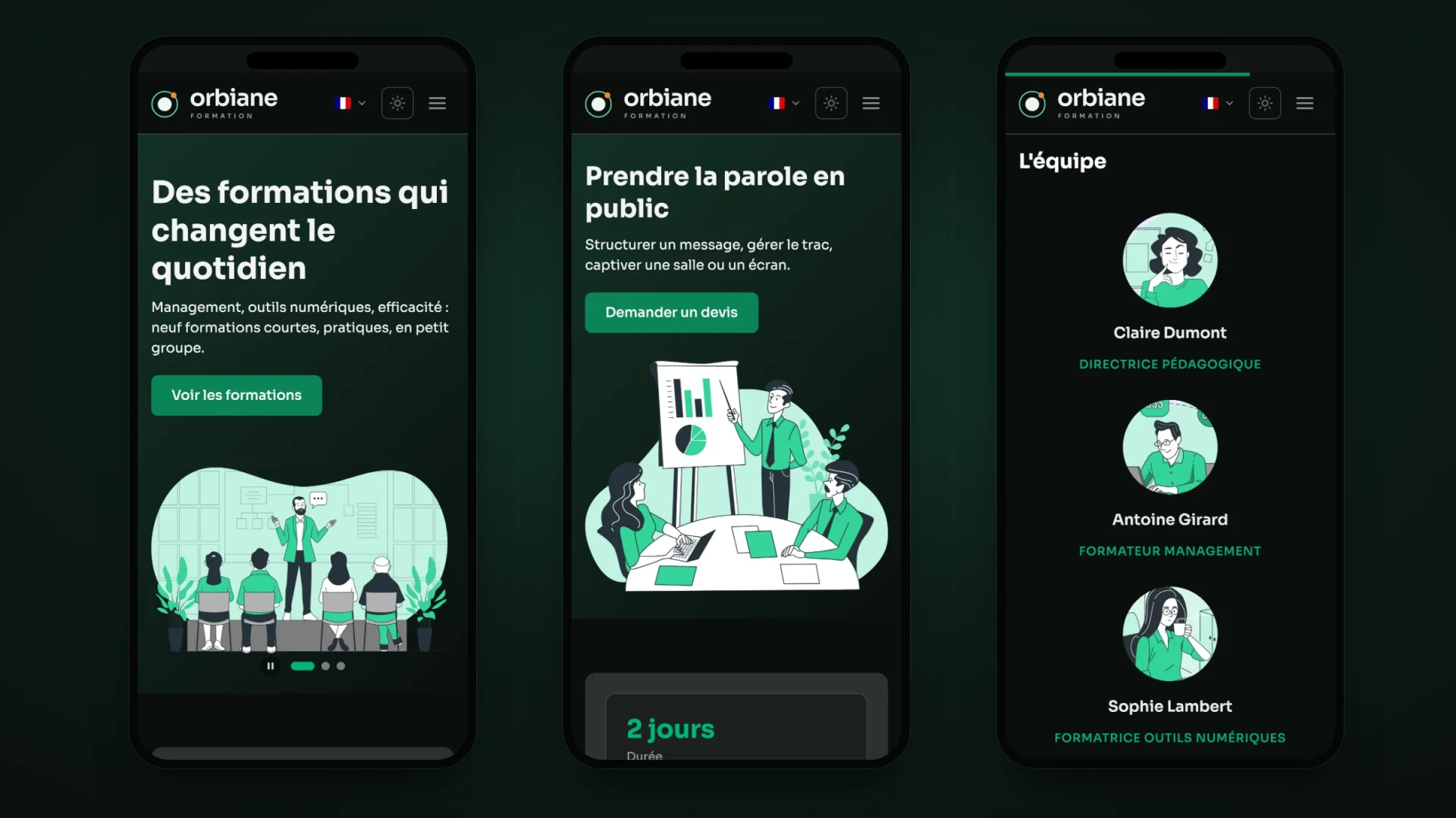 Drei Seiten der Website auf dem Smartphone: die Startseite, eine Weiterbildung, das Team.