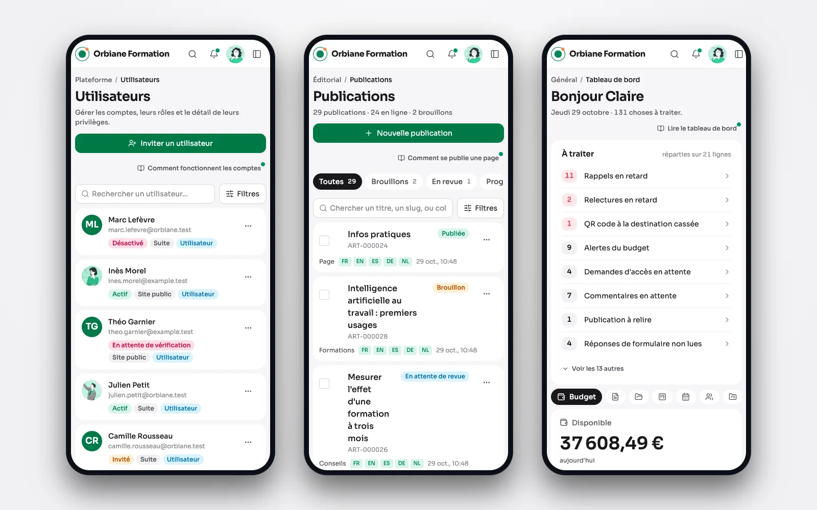 Drei Bildschirme der Suite auf dem Smartphone: die Benutzer, die Veröffentlichungen und das Dashboard, als Karten.