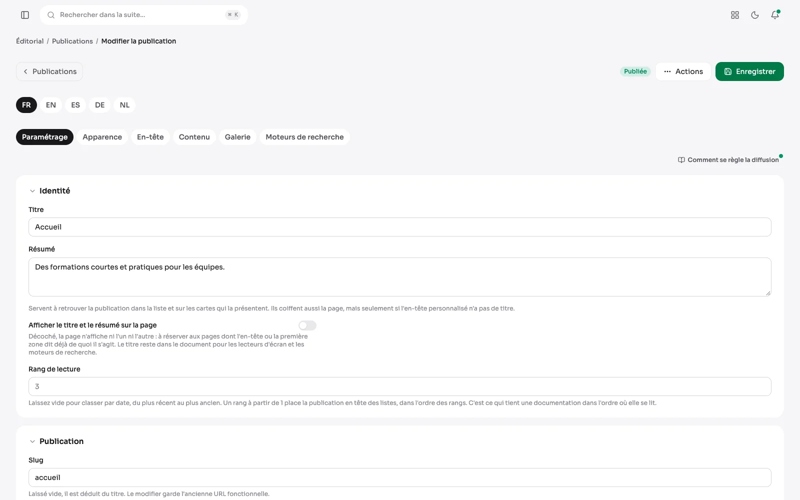 Le paramétrage d'une publication : son titre, son adresse, son type, son statut et sa date de dépublication.