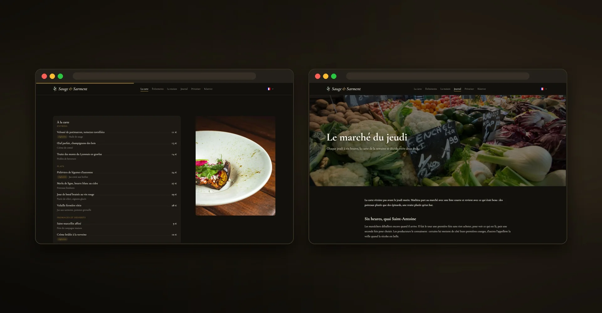 Two pages of the site: the menu and a journal article.