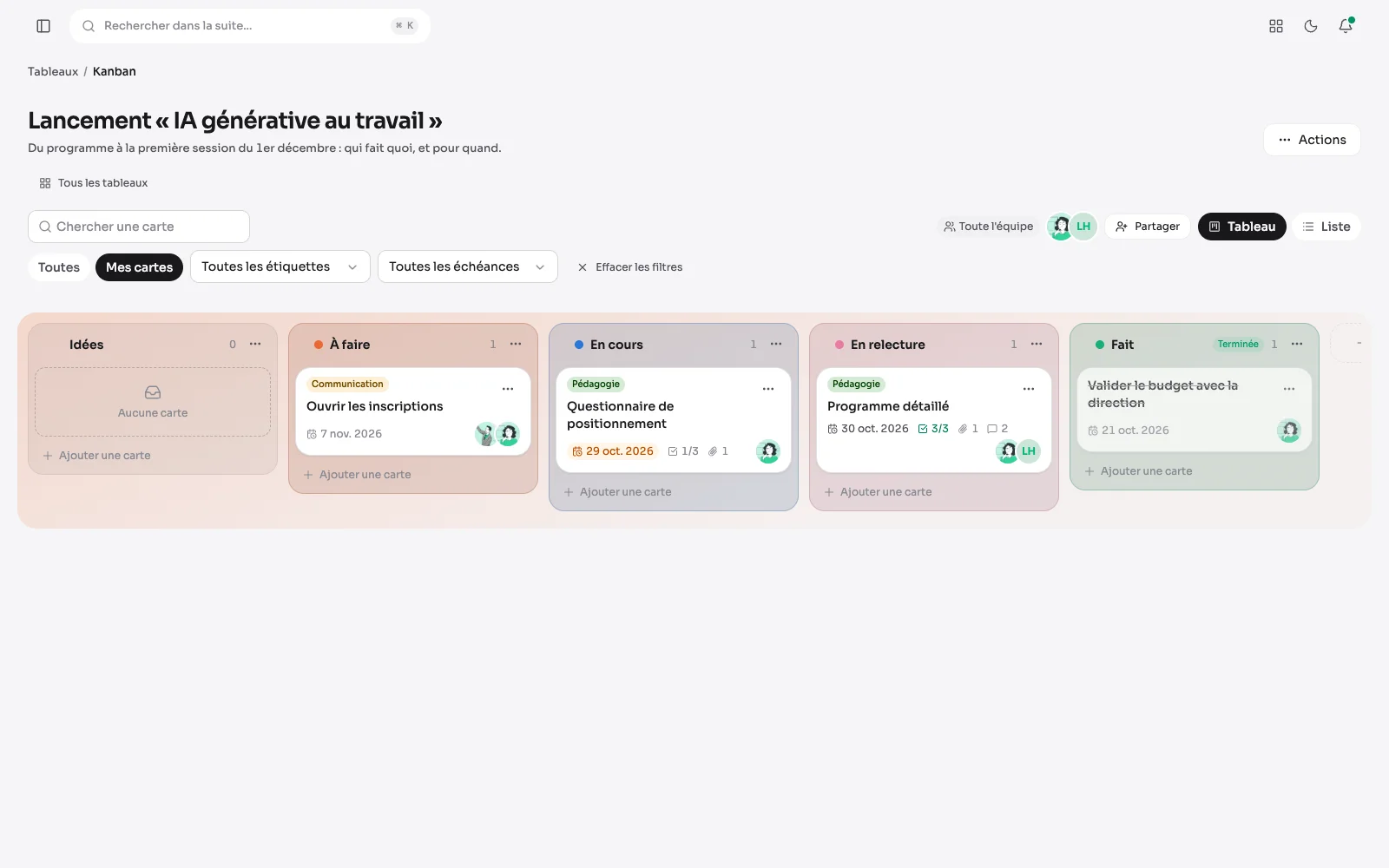 Le tableau filtré sur « Mes cartes » : seules restent les cartes attribuées à Claire.