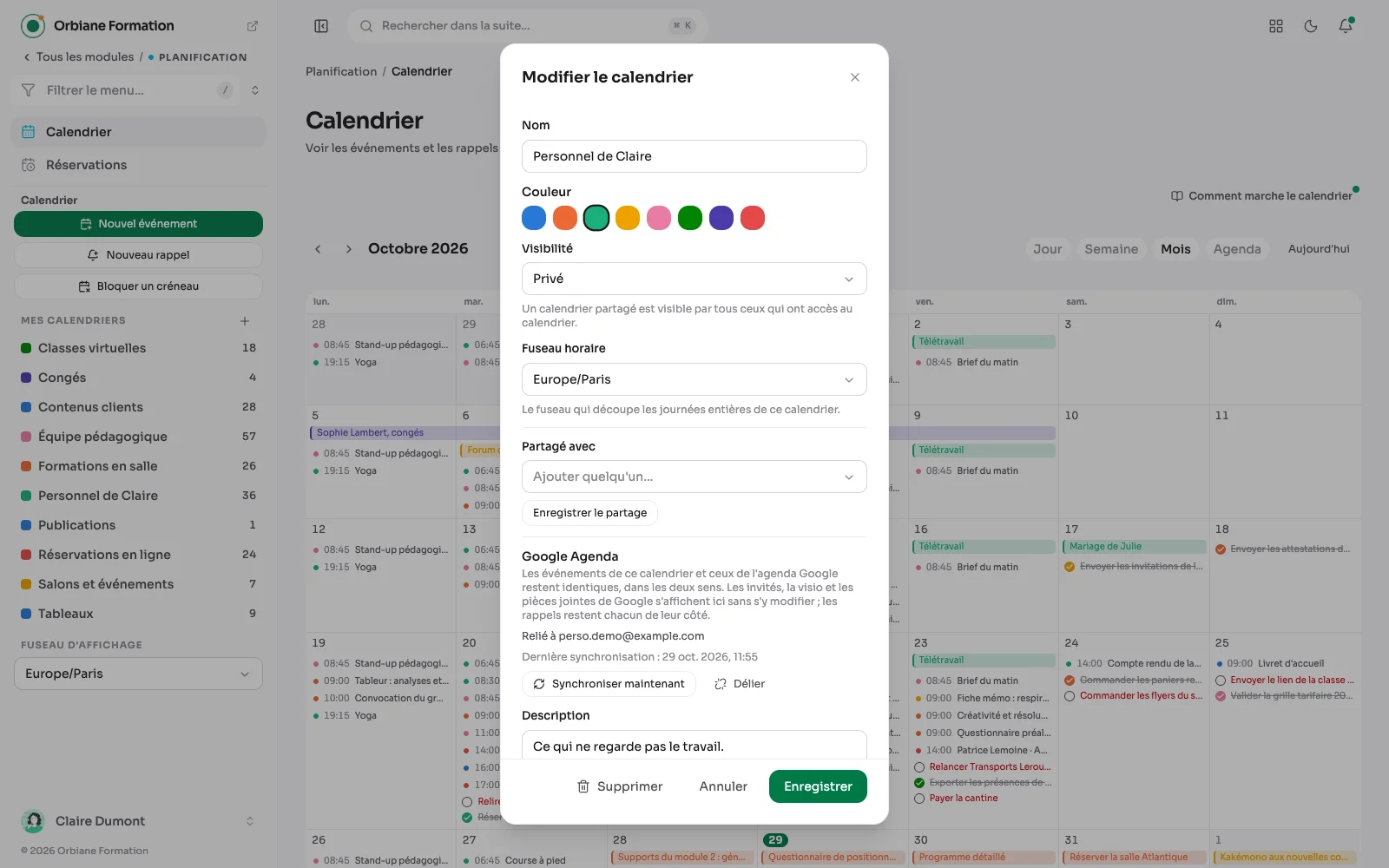 La fenêtre d'un calendrier relié à Google Agenda : l'agenda Google auquel il est relié, l'heure de la dernière synchronisation, et les boutons Synchroniser maintenant et Délier.