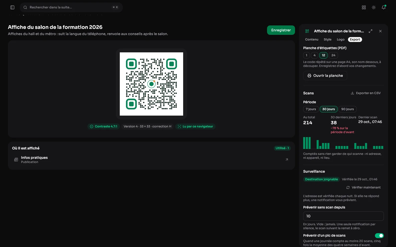L'onglet Export d'un code dynamique : scans sur trente jours comparés à la période d'avant, et réglages de surveillance