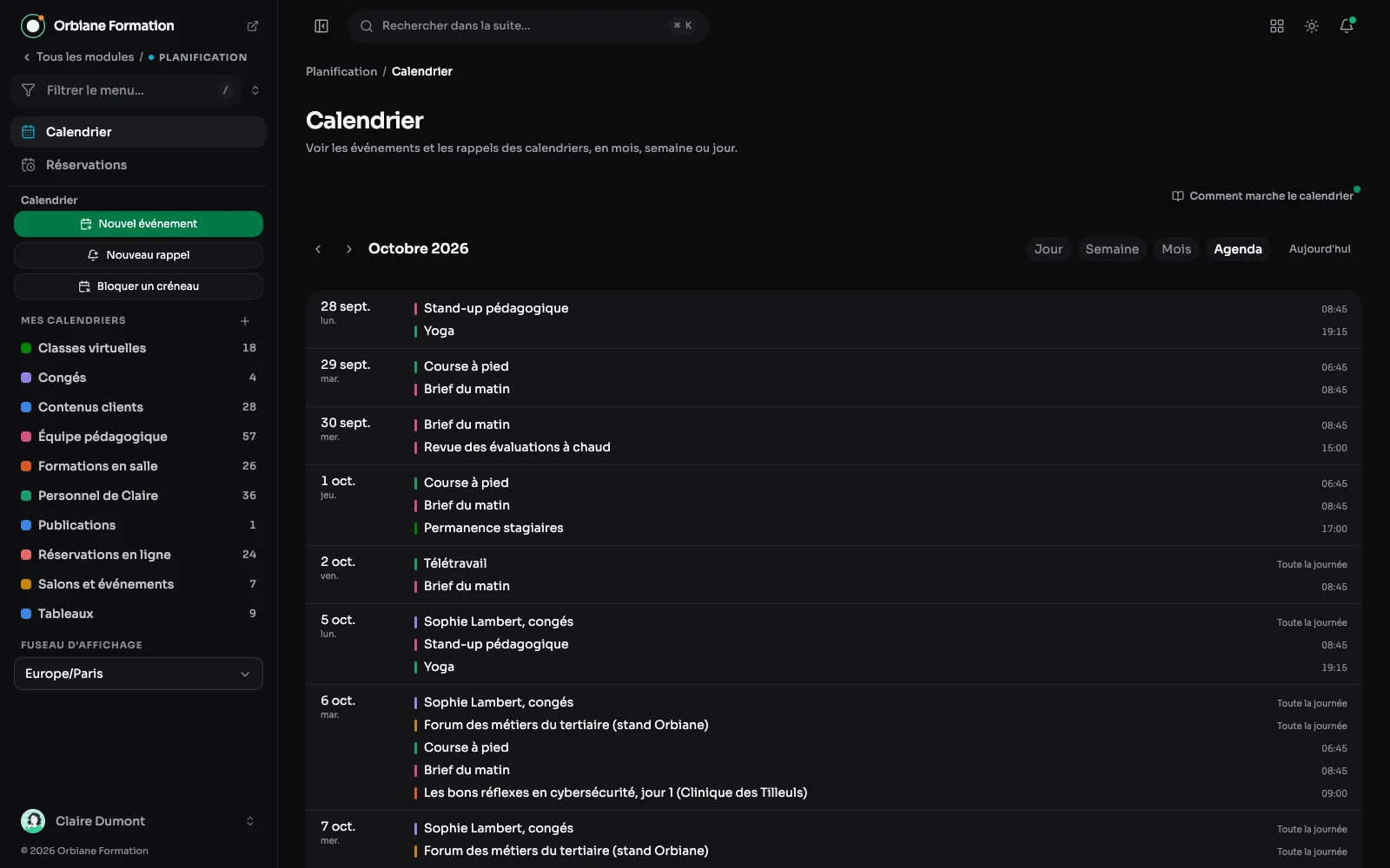 La vue Agenda : les jours à la suite, avec leurs événements et leurs rappels.