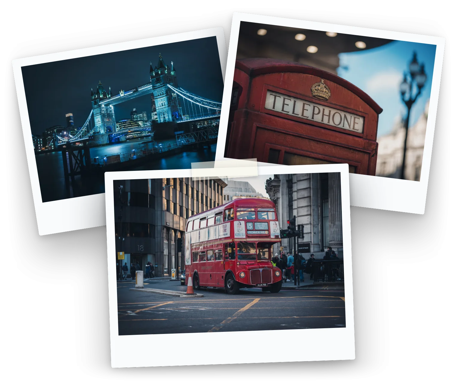 Trois tirages de Londres : Tower Bridge la nuit, la cabine rouge, le bus rouge.