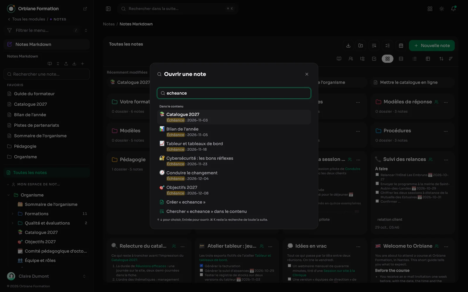 La recherche rapide sur « echeance » : la section « Dans le contenu » avec cinq notes et leur passage, puis Créer et Chercher dans le contenu.
