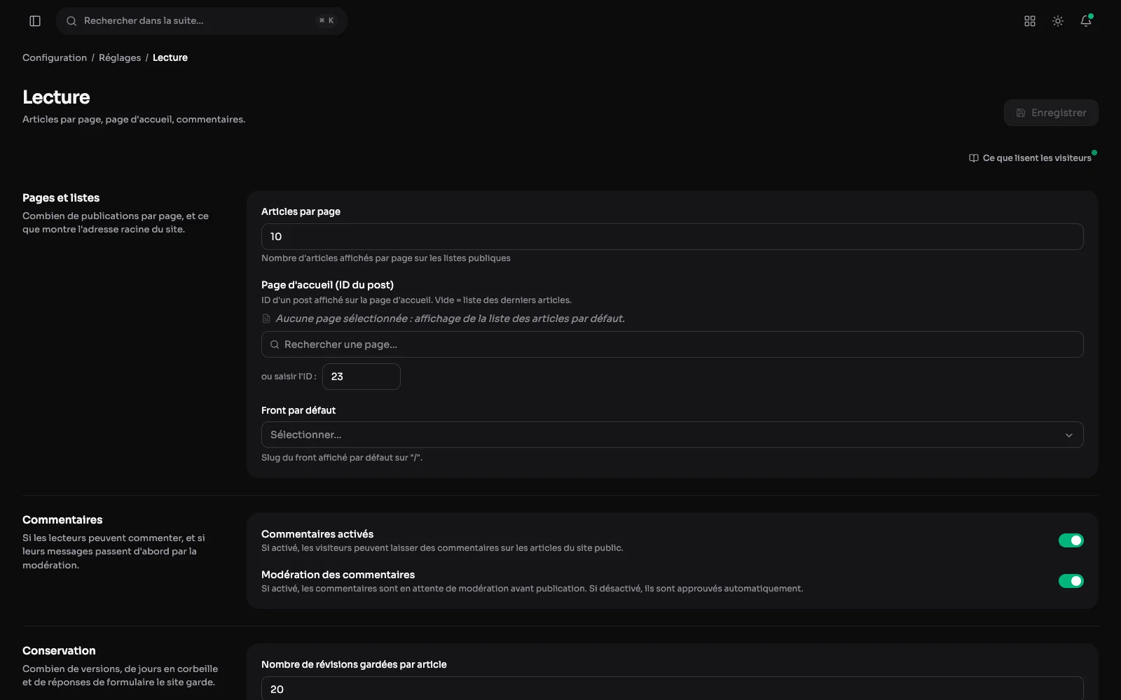 Réglages > Lecture : articles par page, commentaires, révisions, purge de la corbeille, conservation et page d'accueil.