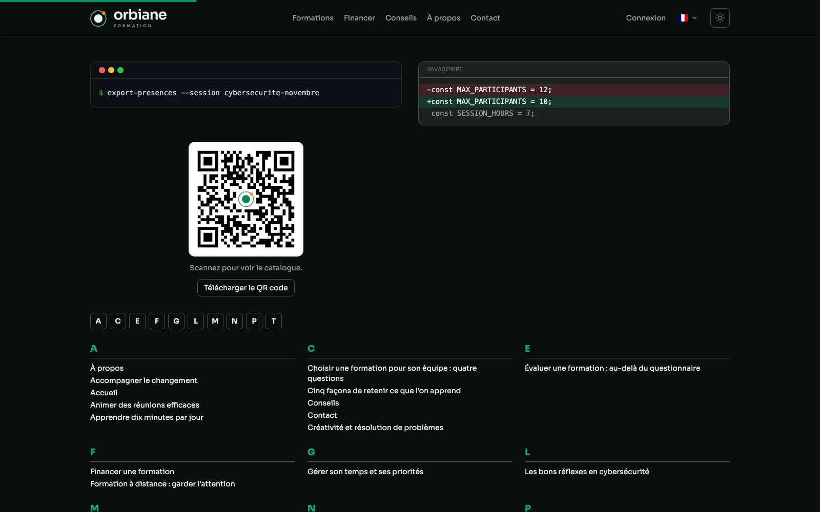 Ein Terminal, ein Diff, ein QR-Code und ein alphabetischer Index.