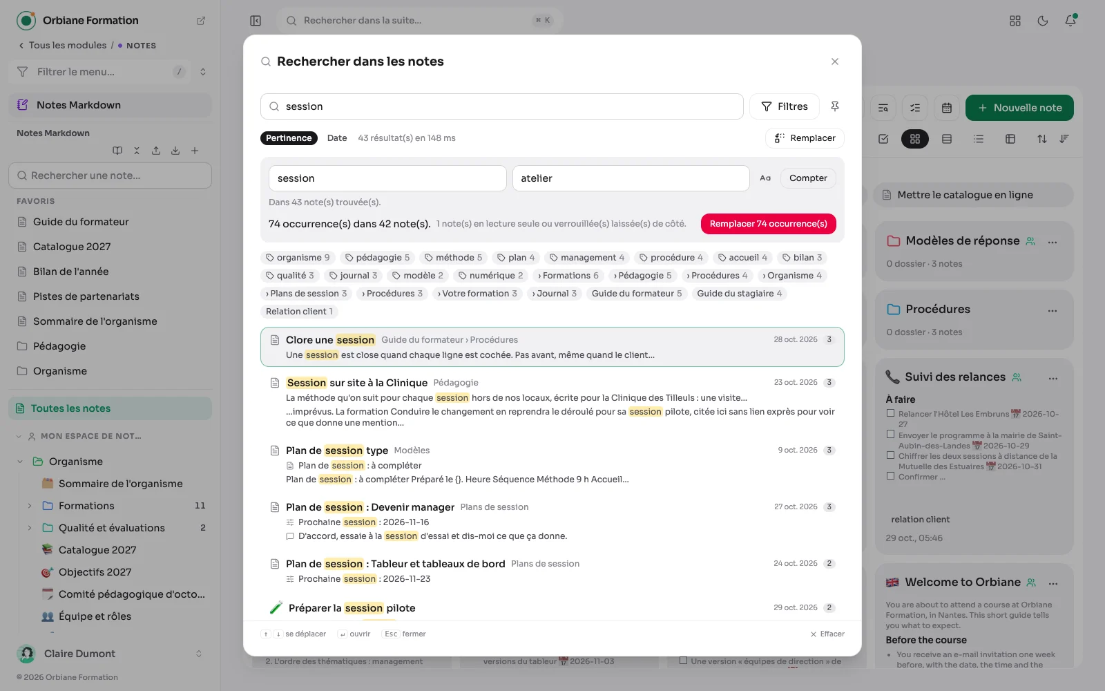 Le volet Remplacer de l'écran de recherche : « session » par « atelier », 35 occurrences dans 16 notes, et le bouton qui confirme.