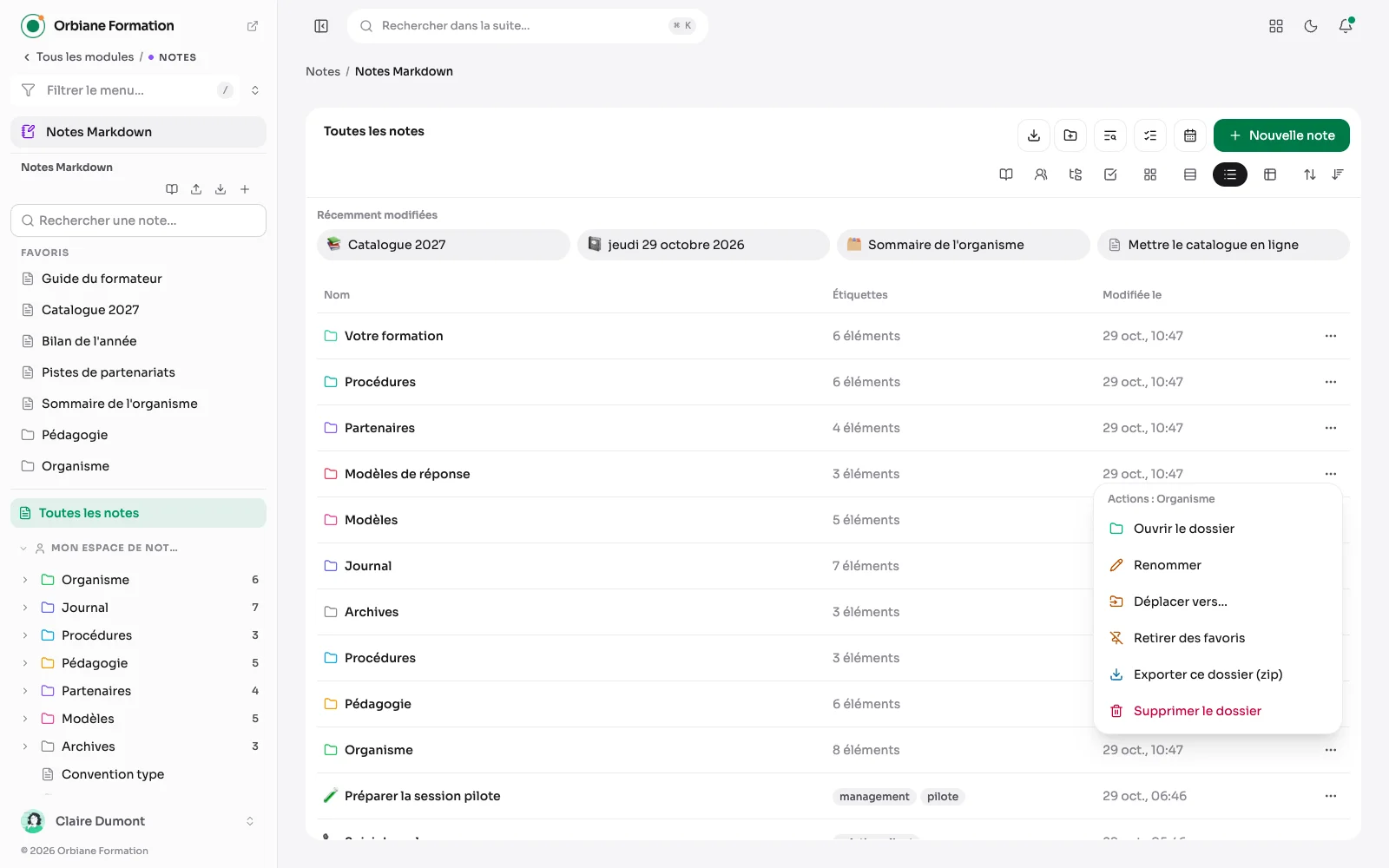 Le menu d'un dossier de notes ouvert sur « Exporter ce dossier (zip) », et en haut de la bibliothèque l'icône qui exporte ce qui est affiché : un zip de fichiers Markdown, rangé par espace et par dossier.