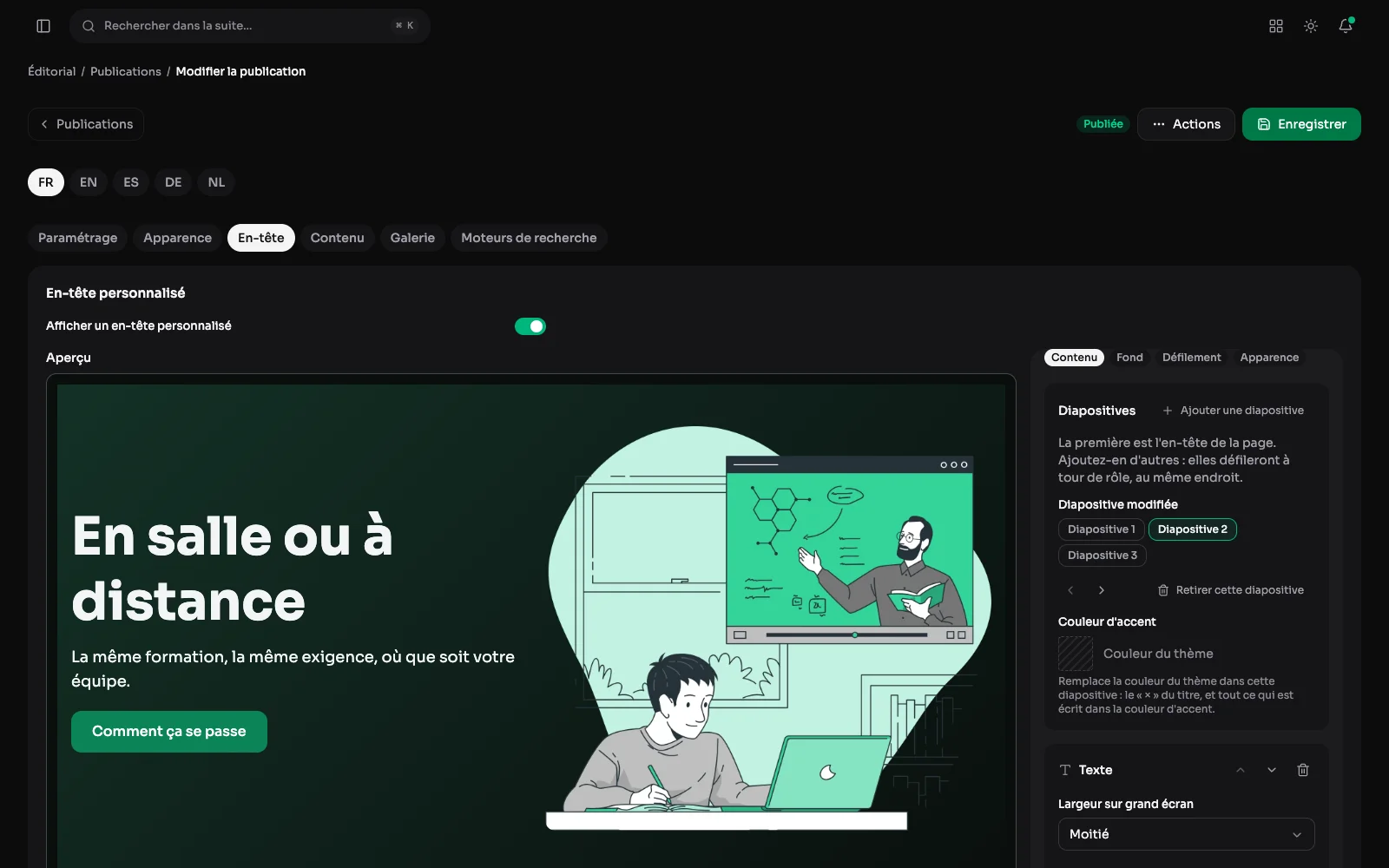 Le carrousel de l'en-tête : l'aperçu de la deuxième diapositive, et à côté le panneau, avec la liste des diapositives et leur couleur d'accent.