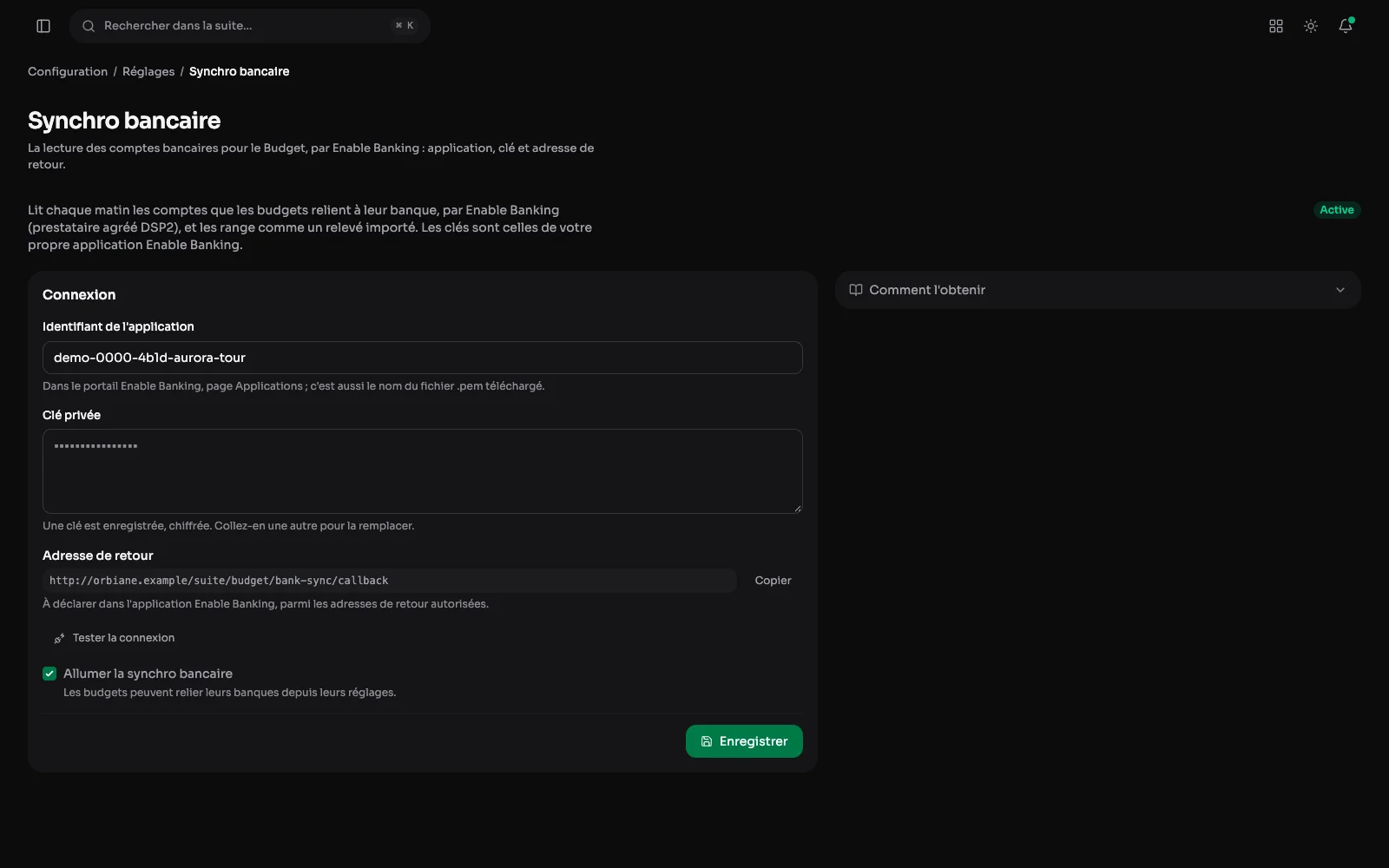 Réglages, Synchro bancaire : l'identifiant de l'application, la clé privée masquée, l'adresse de retour à copier, le test de la connexion et l'interrupteur qui allume la synchro.