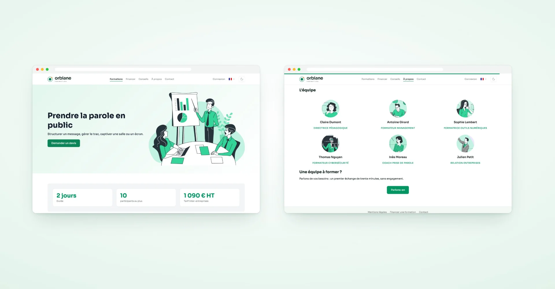 Zwei Seiten der Website: eine Weiterbildung und das Team.