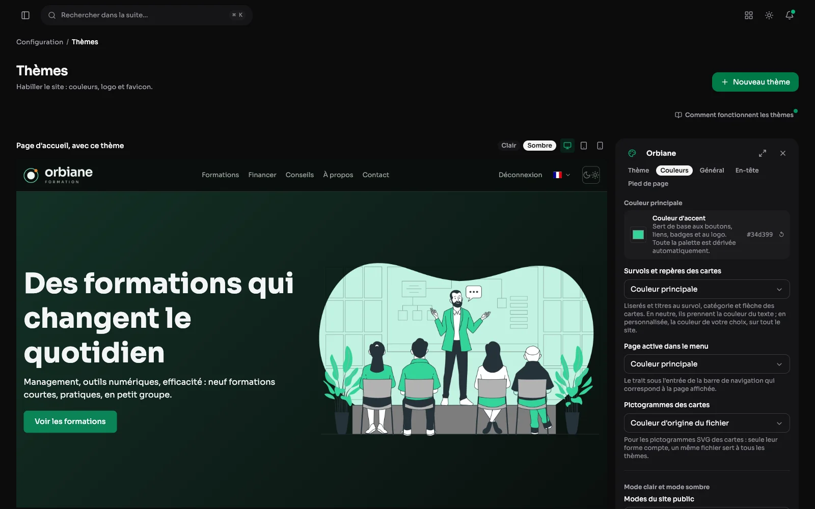 Le thème Orbiane en cours de modification, onglet Couleurs, et la page d'accueil du site qui le montre à côté.
