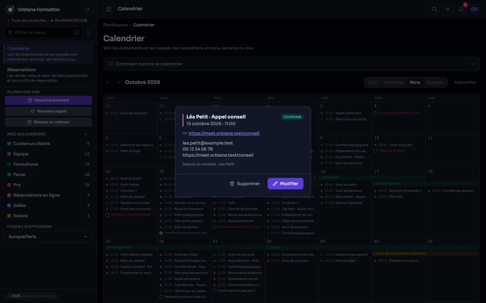 Una cita abierta en el calendario: la persona, sus datos y el enlace de la videollamada, clicable.
