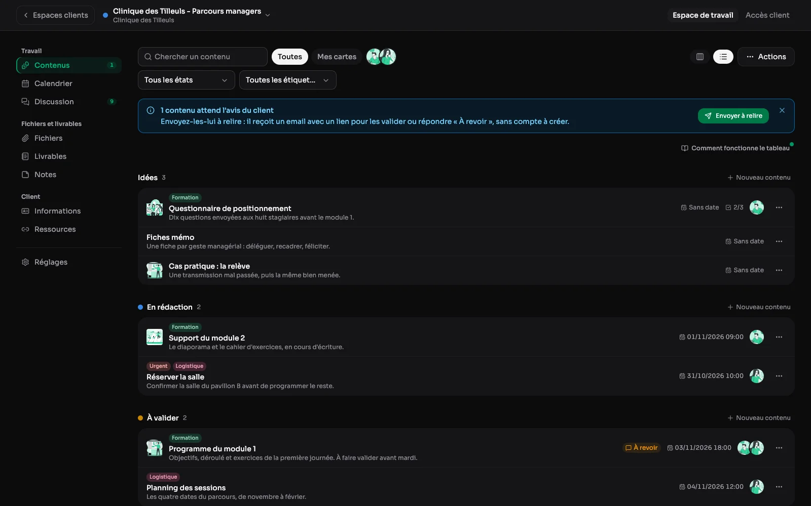 Het contentplan van een omgeving als lijst, geordend per stap, met het oordeel van de klant bij elke kaart.