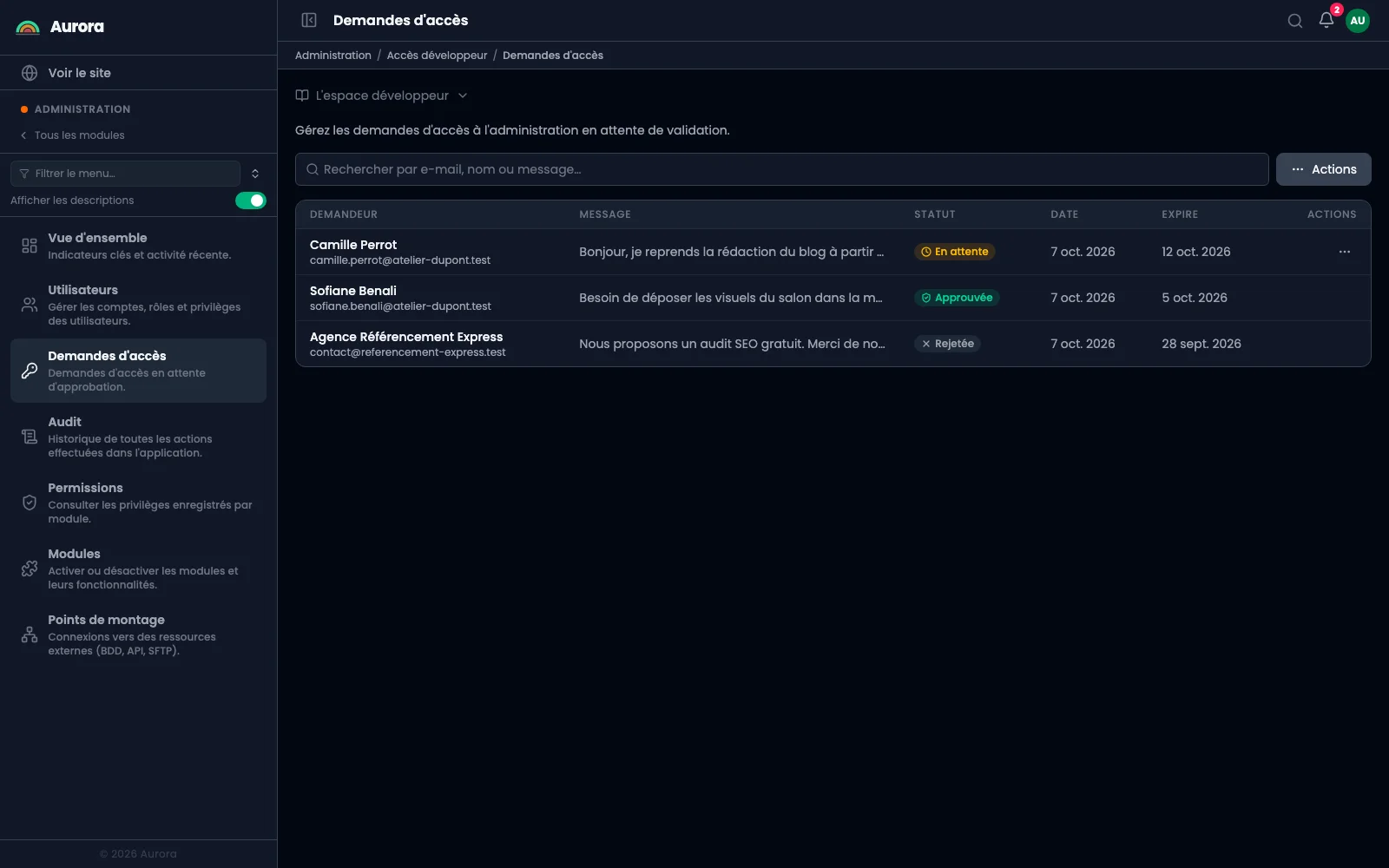 Access requests: pending, approved, rejected, with their message and expiry.