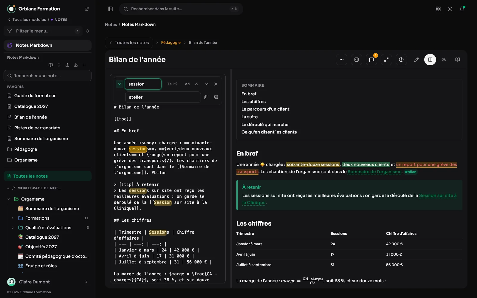 La barre chercher et remplacer au-dessus de l'éditeur de « Bilan de l'année » : « session » trouvé neuf fois, la première occurrence en surbrillance, et « atelier » en remplacement.