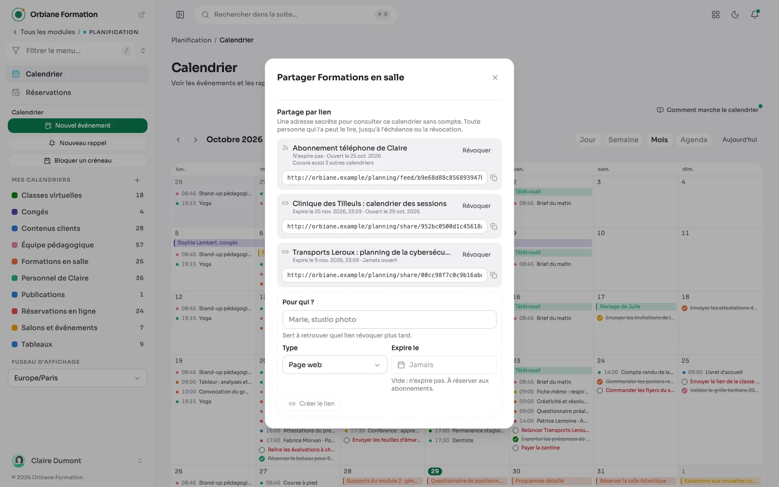 La fenêtre de partage d'un agenda : un lien actif qui couvre aussi un autre agenda, un lien révoqué, et le formulaire d'un nouveau lien.