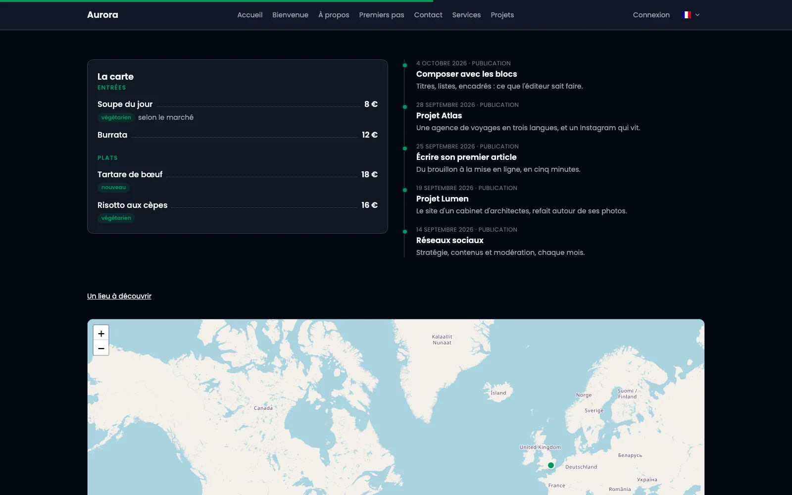 A restaurant menu with its prices, and the site's latest activity.
