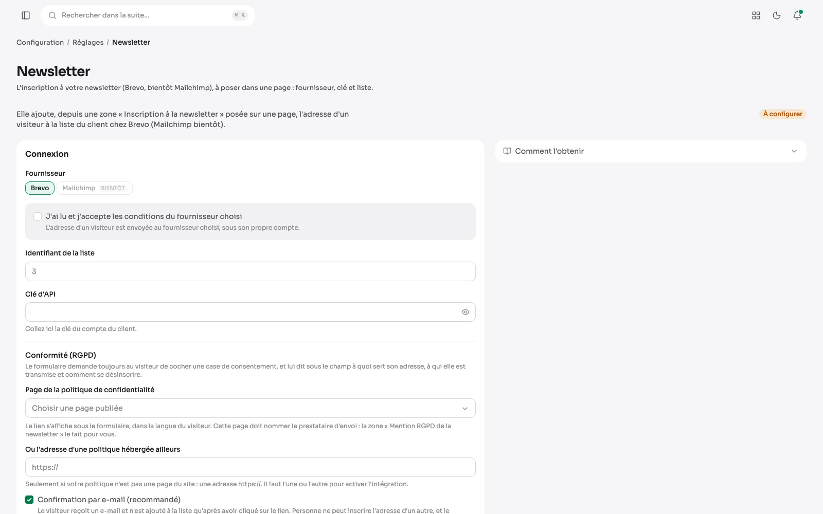 Les réglages de la lettre d'information : le fournisseur, la liste, la clé, la politique de confidentialité et la confirmation par e-mail.