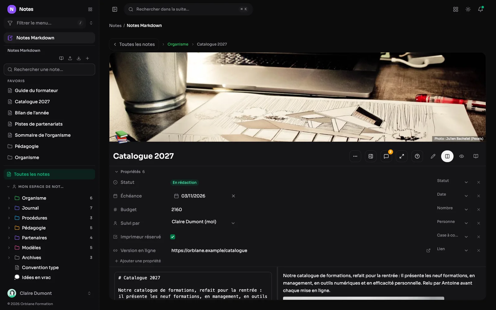 Notes ouvert en application : le menu ne montre que les notes, sous l'initiale N et le nom Notes, avec la note Catalogue 2027 ouverte.