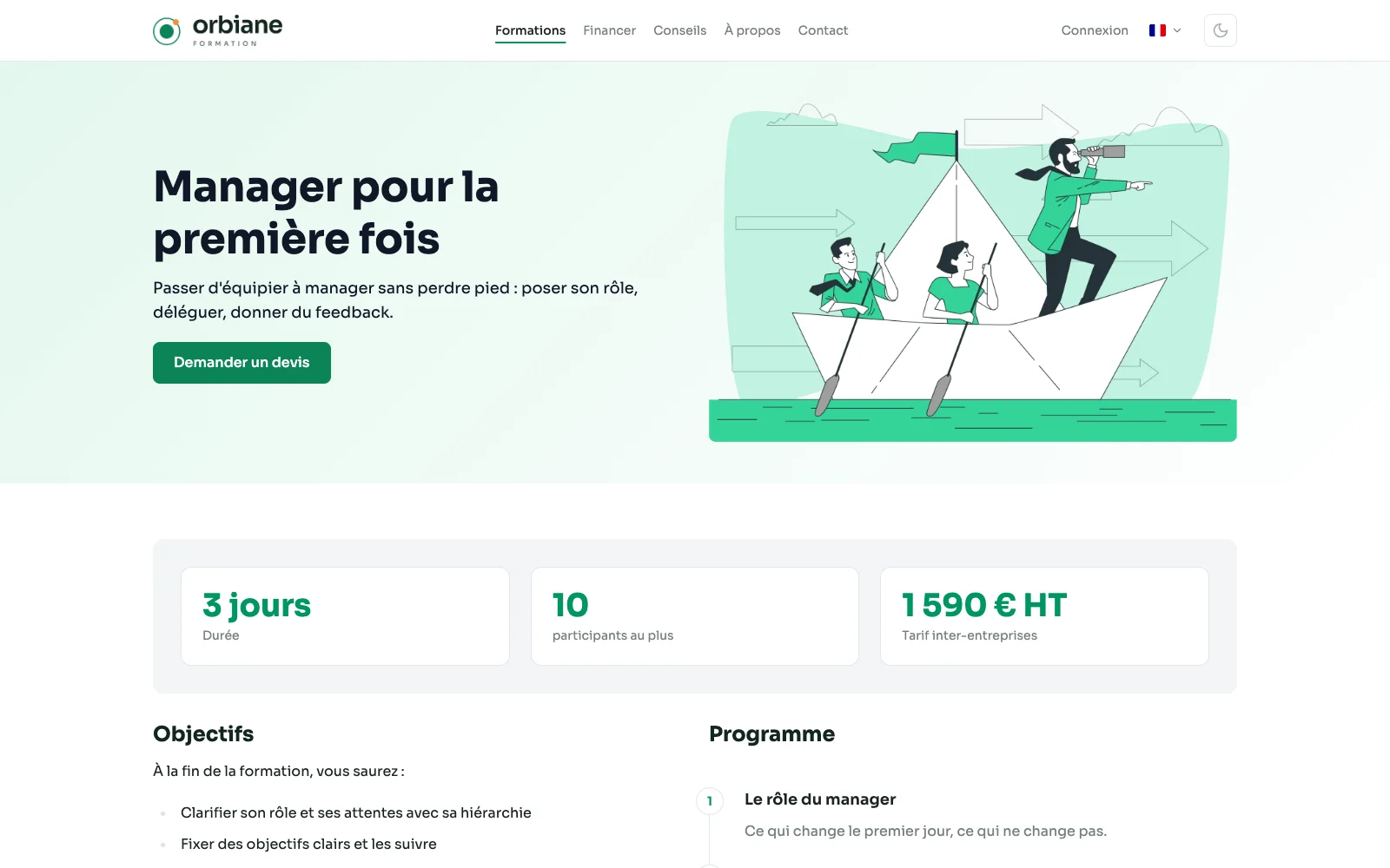 Une page de formation : l'accroche, puis image et texte en alternance.